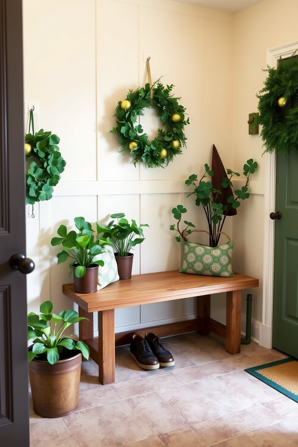 A cozy mudroom adorned with potted shamrock plants brings a touch of freshness and vibrancy. The walls are painted in a soft cream color, while a rustic wooden bench offers a welcoming spot to sit and remove shoes. Decorative elements include green and gold accents that celebrate St. Patrick's Day, such as wreaths and garlands. The floor features a durable tile that complements the overall design while being easy to clean.