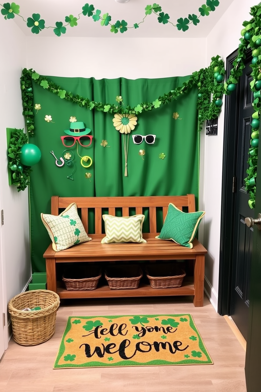 A charming DIY St Patrick's Day photo booth corner features a vibrant green backdrop adorned with shamrocks and gold accents. Festive props like leprechaun hats and oversized glasses are scattered throughout, inviting guests to capture fun memories. The mudroom is transformed with St Patricks Day decorating ideas that include a rustic wooden bench and green baskets for storage. Cheerful garlands of shamrocks hang above, while a welcome mat with a playful design adds a festive touch.