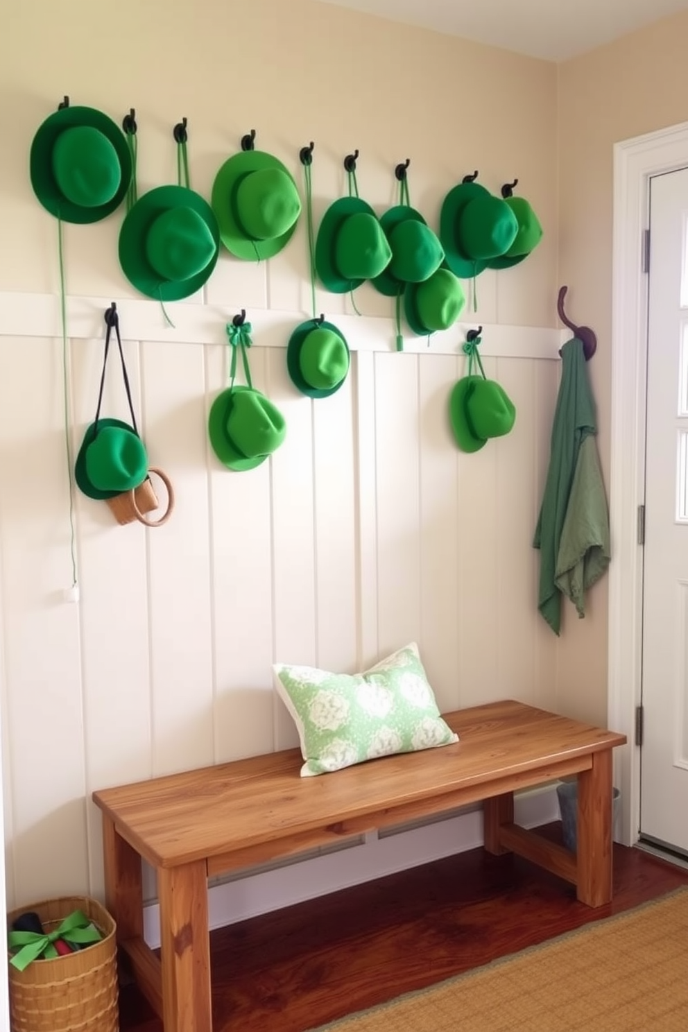 A cozy mudroom adorned with hanging green hats to celebrate St. Patrick's Day. The walls are painted in a soft beige, and a rustic wooden bench provides a welcoming spot for guests to sit.