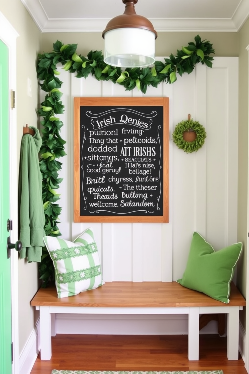 A charming mudroom adorned with a chalkboard sign featuring inspiring Irish quotes. The space is decorated with green accents, such as cushions and a festive garland, creating a welcoming atmosphere for St. Patrick's Day.