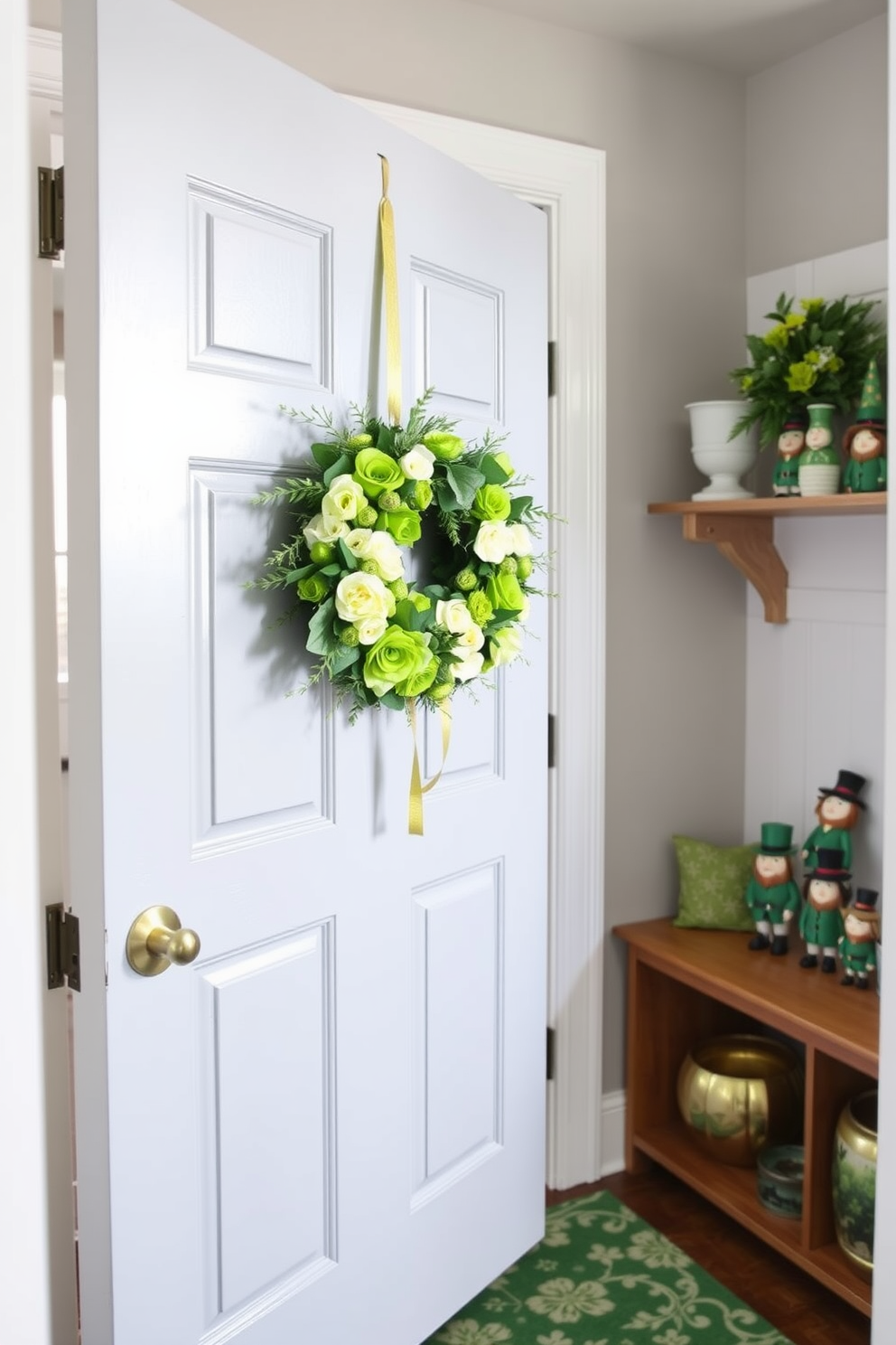 A festive wreath adorned with gold accents hangs on the door, featuring a mix of green and white florals to celebrate St. Patrick's Day. The mudroom is decorated with shamrock-themed accessories, including a green and gold runner and a charming display of leprechaun figurines on a shelf.