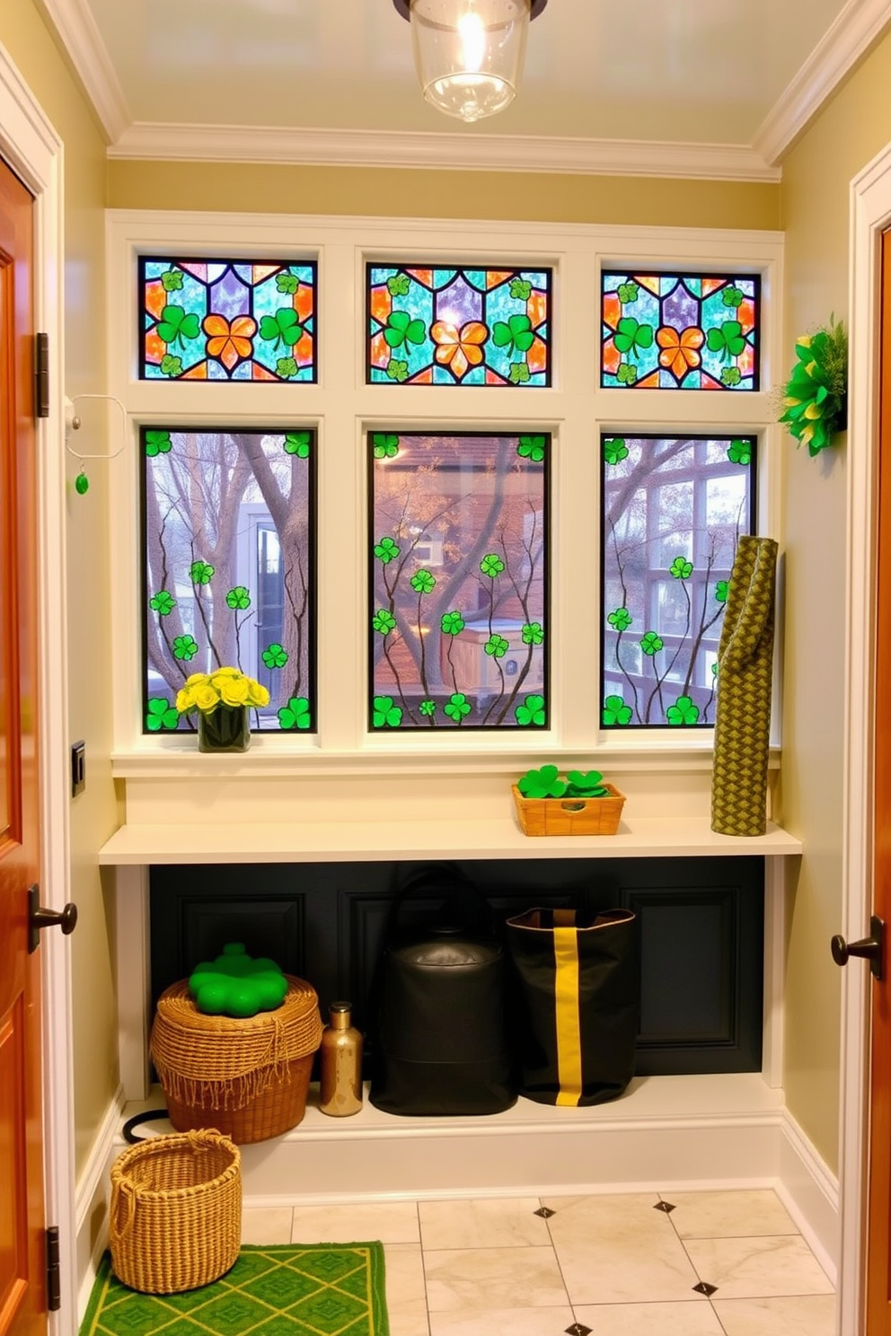 A charming mudroom adorned with stained glass window decals that reflect vibrant colors. The decor includes festive St. Patrick's Day elements like green shamrocks and gold accents, creating a welcoming atmosphere.