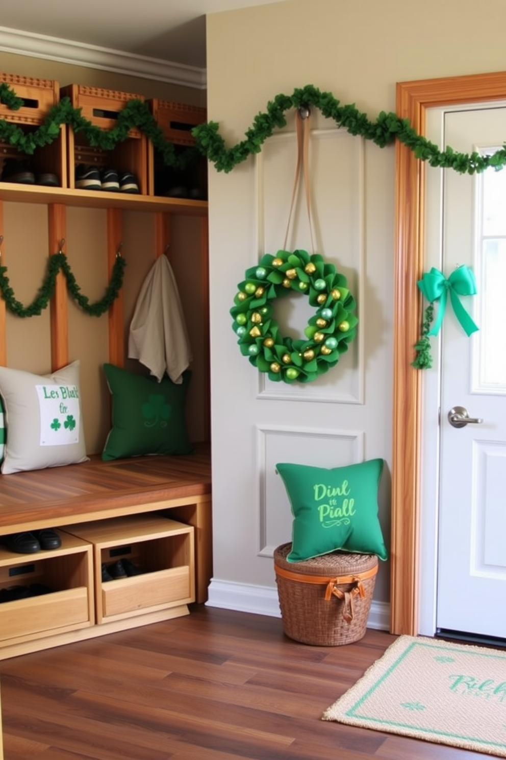 Wooden crates are arranged neatly along the wall, providing organized storage for shoes and outdoor gear. The mudroom features a warm color palette with natural wood accents and a durable floor that can withstand heavy traffic. For St. Patrick's Day, the space is adorned with festive decorations such as green garlands and shamrock-themed cushions. A cheerful wreath made of green and gold elements hangs on the door, welcoming guests with a touch of holiday spirit.