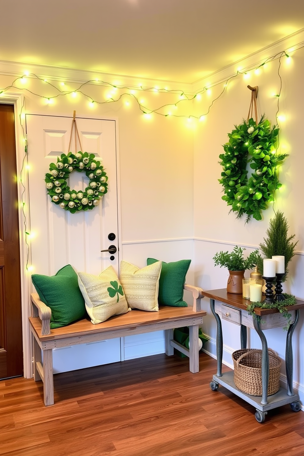 A cozy mudroom adorned with green and gold fairy lights creating a warm ambiance. The walls are painted in a soft cream color, and the floor is covered with a durable wood finish. St. Patrick's Day decorations include a charming wreath made of shamrocks hanging on the door. A rustic bench is topped with green and gold throw pillows, and a small table displays festive greenery and candles.