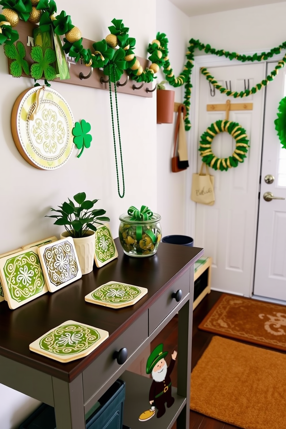 A charming entry table adorned with Irish-themed coasters featuring intricate Celtic designs. The coasters are arranged neatly alongside a small potted shamrock plant and a decorative green and gold St. Patrick's Day centerpiece. In the mudroom, a festive display of St. Patrick's Day decorations adds a touch of whimsy. Green and gold garlands hang from the hooks, while a welcome mat with a cheerful leprechaun greets guests at the door.