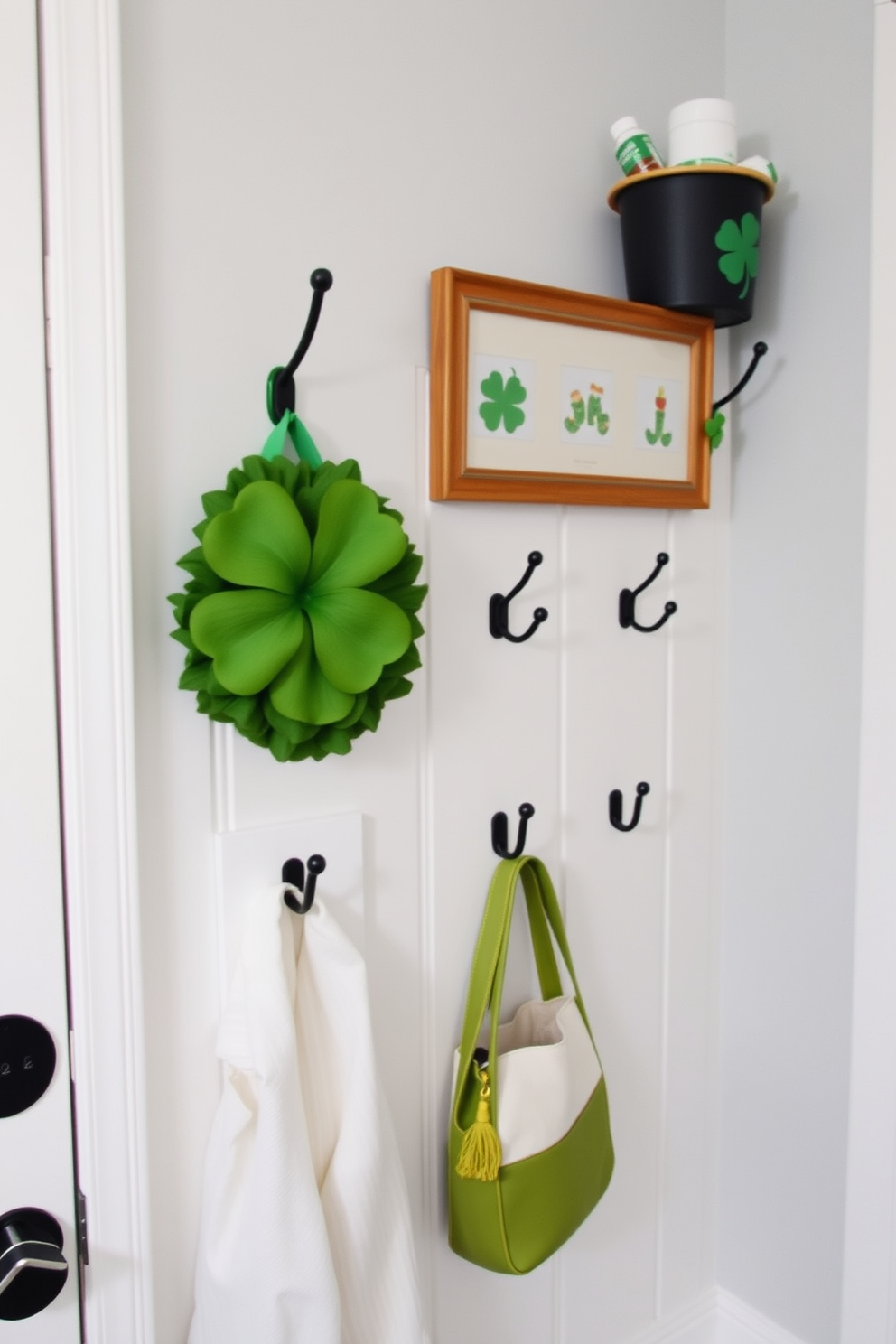 Create a cozy mudroom decorated for St. Patricks Day. Wall-mounted hooks with green accents are arranged neatly, providing a functional yet festive touch to the space.