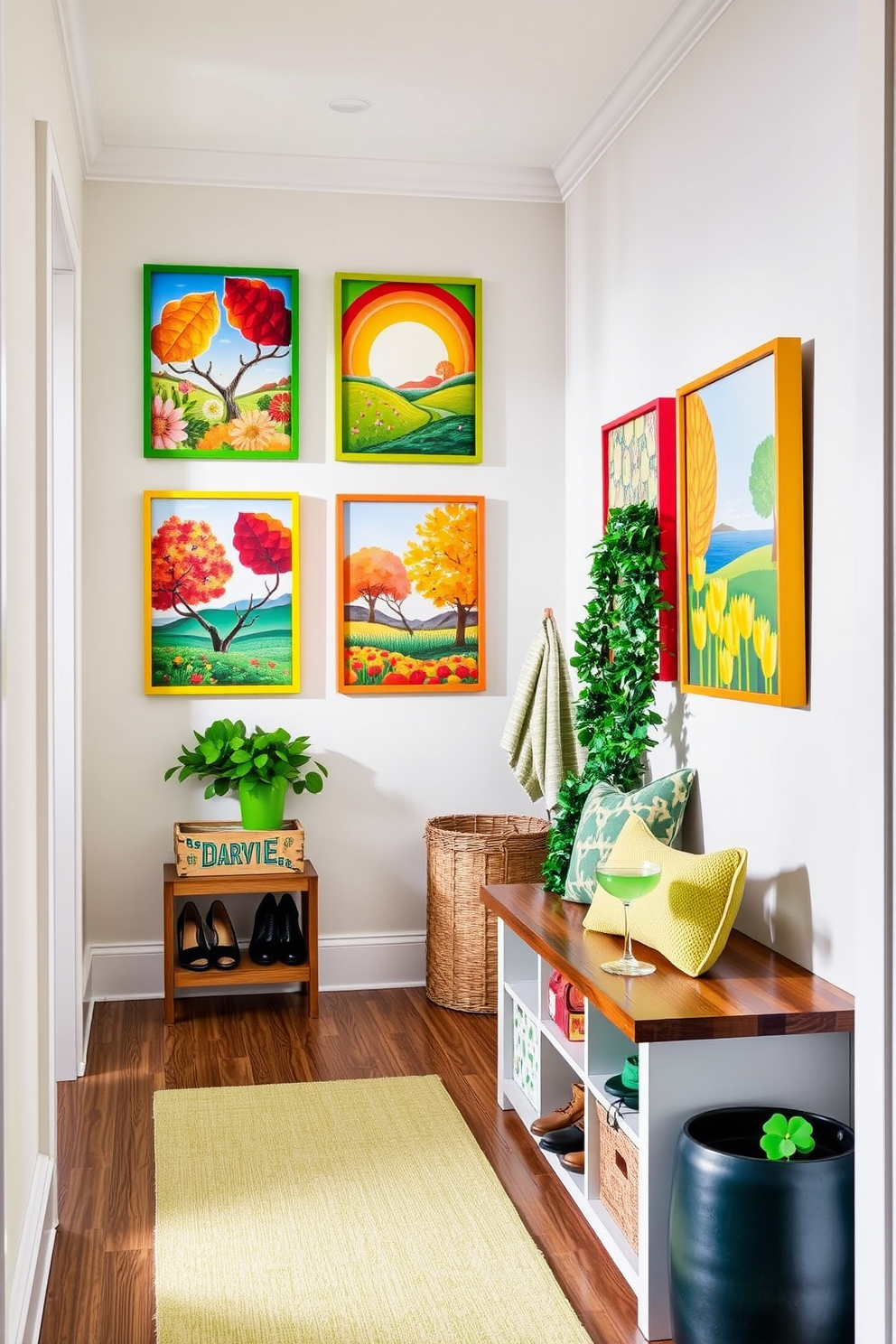 Seasonal art prints in colorful frames adorn the walls of a bright and cheerful hallway. Each print showcases vibrant colors and themes that reflect the changing seasons, creating a lively atmosphere. The mudroom features a stylish bench with storage underneath, perfect for shoes and outdoor gear. St. Patrick's Day decorations, including green accents and festive garlands, add a playful touch to the space.