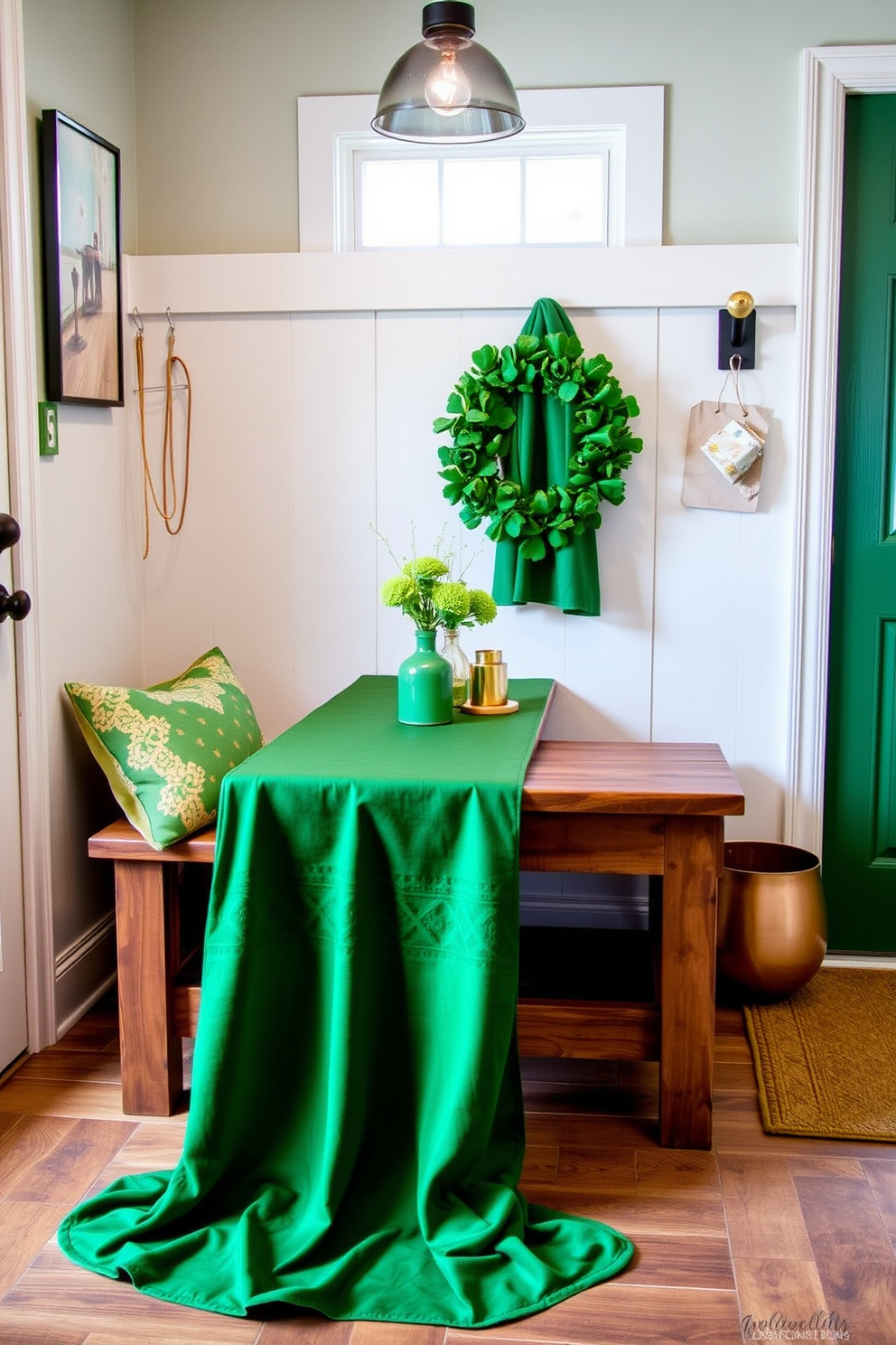 A stylish mudroom decorated for St. Patrick's Day features a vibrant green and gold table runner elegantly draped over a rustic wooden bench. Accents of shamrocks and gold-toned decor enhance the festive atmosphere, creating a warm and inviting entryway.