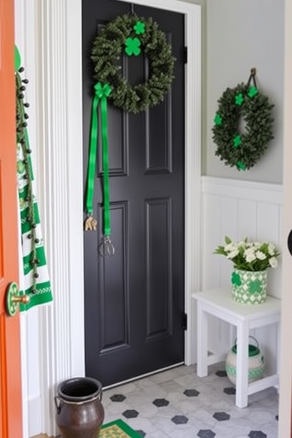 A charming mudroom featuring a lucky charm key holder mounted by the door. The space is adorned with festive St. Patrick's Day decorations, including green accents and playful shamrock motifs.