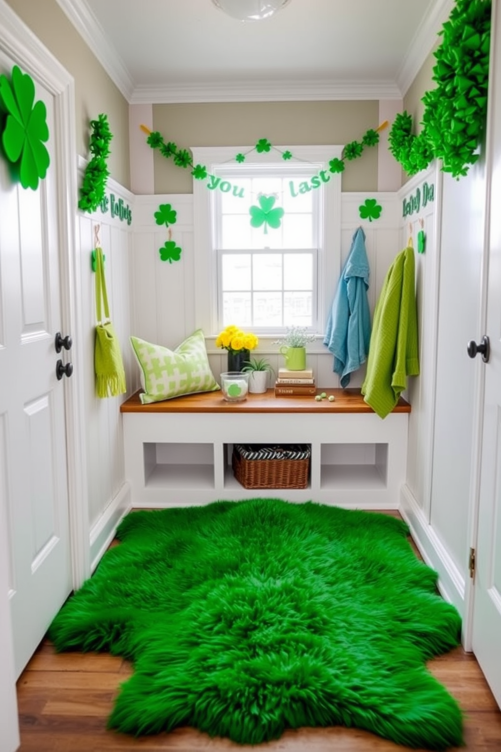 A cozy mudroom features a vibrant green faux fur rug that adds a pop of color and warmth to the space. The walls are adorned with festive St. Patrick's Day decorations, including shamrock garlands and cheerful green accents.