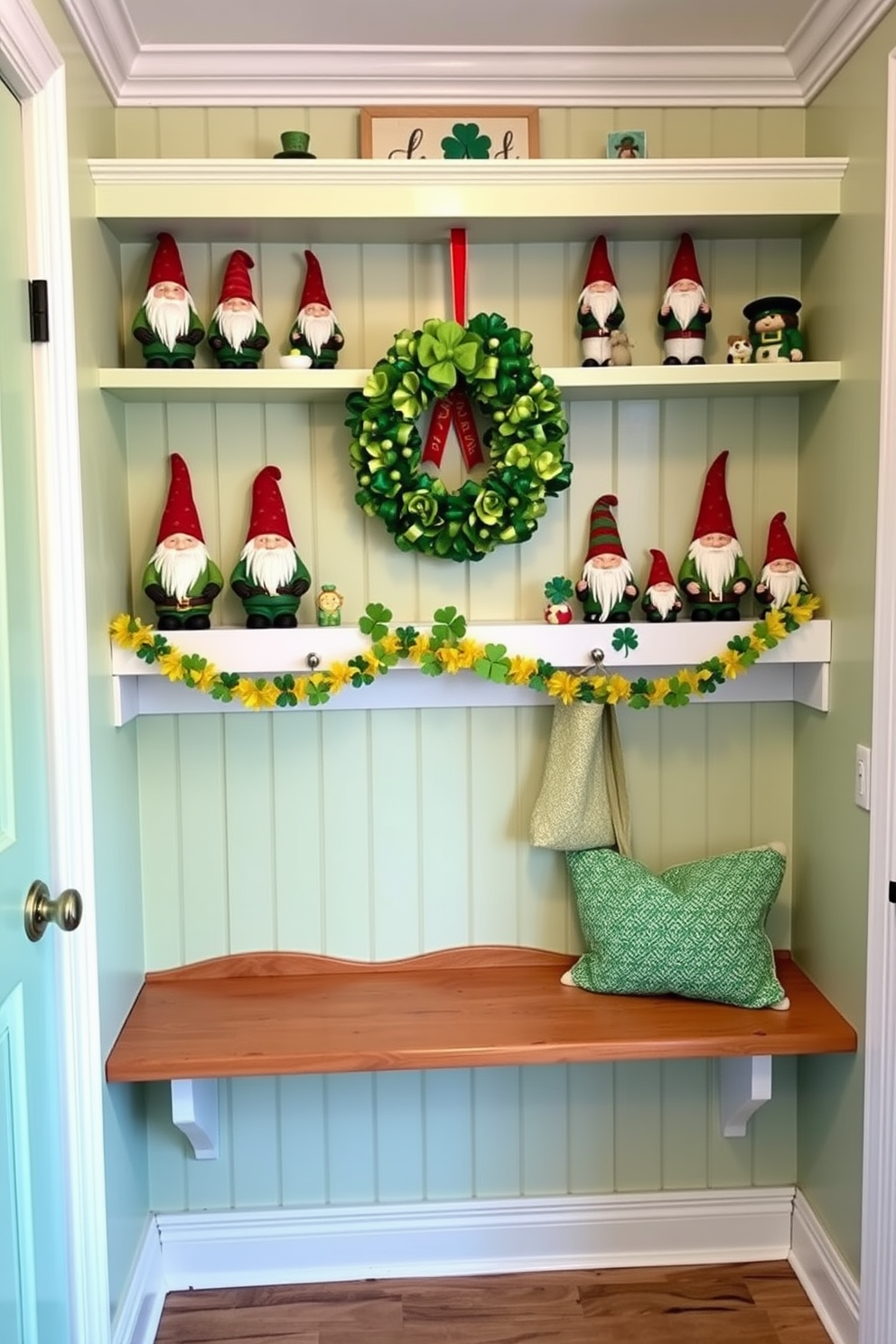 A cozy mudroom filled with charm features shelves adorned with lucky gnome figurines in various playful poses. The walls are painted in a soft pastel green, and a warm wooden bench provides a welcoming spot to sit while removing shoes. St. Patrick's Day decorations bring a festive spirit with green and gold accents throughout the space. A vibrant wreath made of shamrocks hangs on the door, and a cheerful garland of clovers drapes across the shelf above the gnomes.