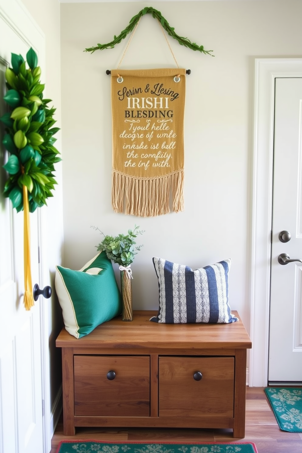 A cozy mudroom adorned with an Irish blessing wall hanging that radiates warmth and charm. The space features a rustic wooden bench with storage underneath, complemented by green and gold accents for St. Patrick's Day decorating ideas.