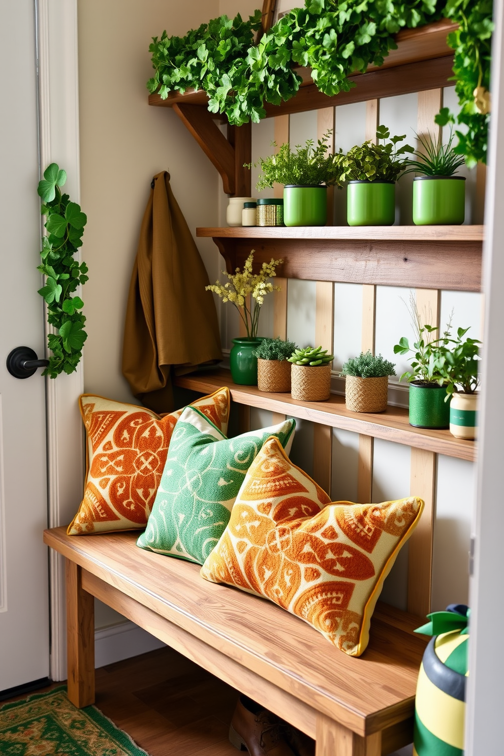 Celtic knot throw pillows in vibrant greens and golds are arranged on a cozy bench, inviting warmth and comfort. The pillows feature intricate patterns that celebrate the rich heritage of Celtic design, adding a touch of elegance to the space. The mudroom is adorned with festive St. Patrick's Day decorations, including garlands of shamrocks and cheerful green accents. A rustic wooden shelf displays potted plants and seasonal decor, creating a welcoming atmosphere for guests.