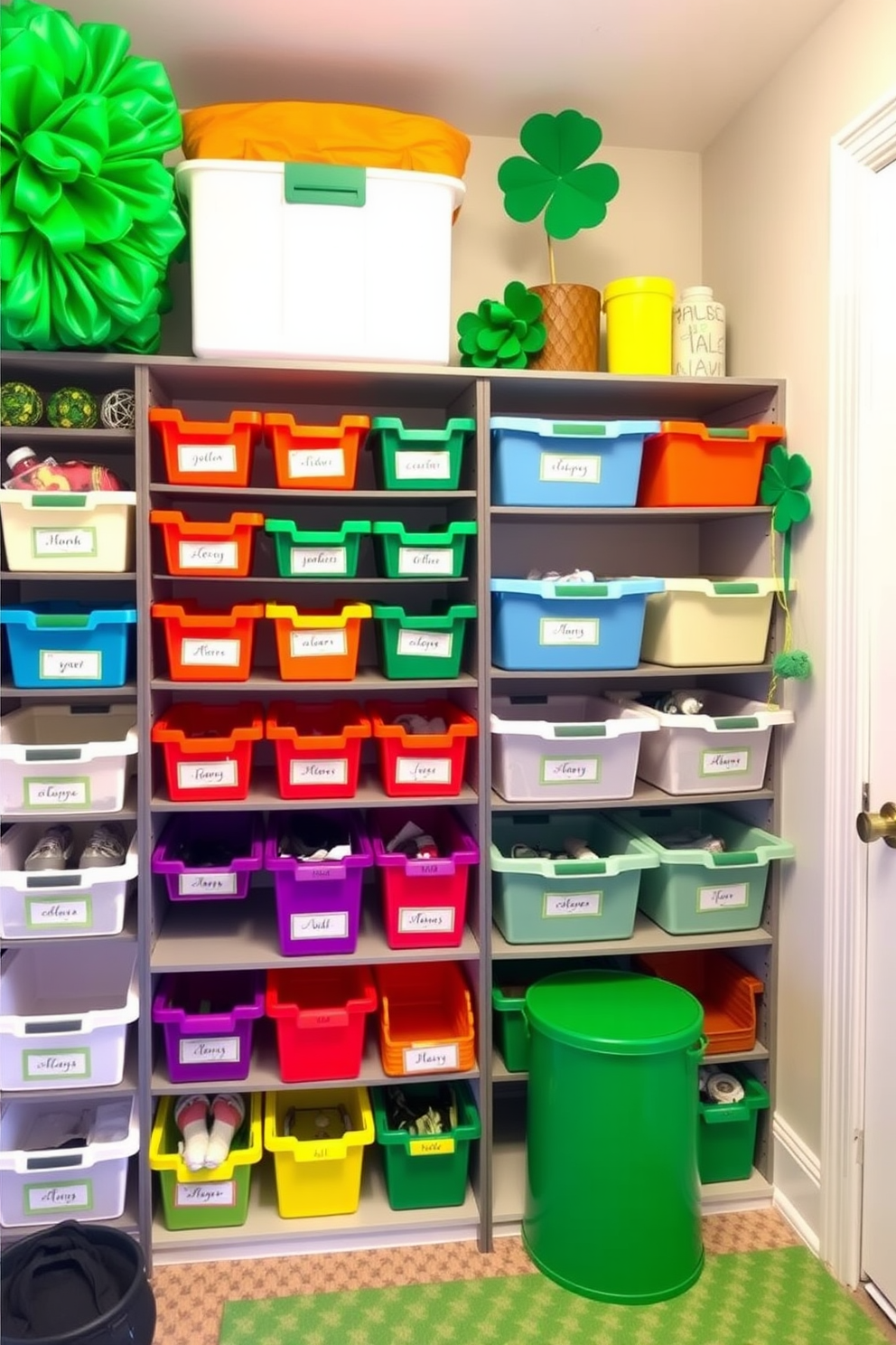 A vibrant mudroom filled with rainbow colored storage bins arranged neatly on shelves. Each bin is labeled for easy organization, adding a playful touch to the space while celebrating St. Patrick's Day with green accents and festive decorations.