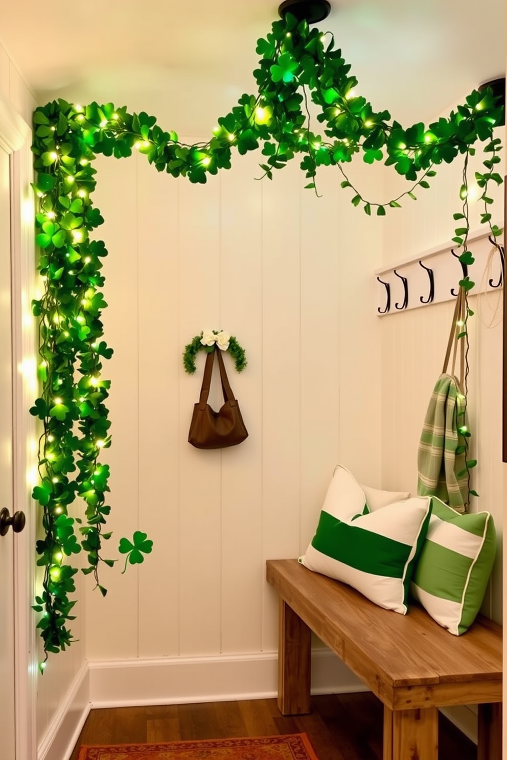 A cozy mudroom adorned for St. Patrick's Day features hanging green garlands intertwined with warm white lights. The walls are painted a soft cream, and a rustic bench with green and white cushions invites guests to sit and remove their shoes.