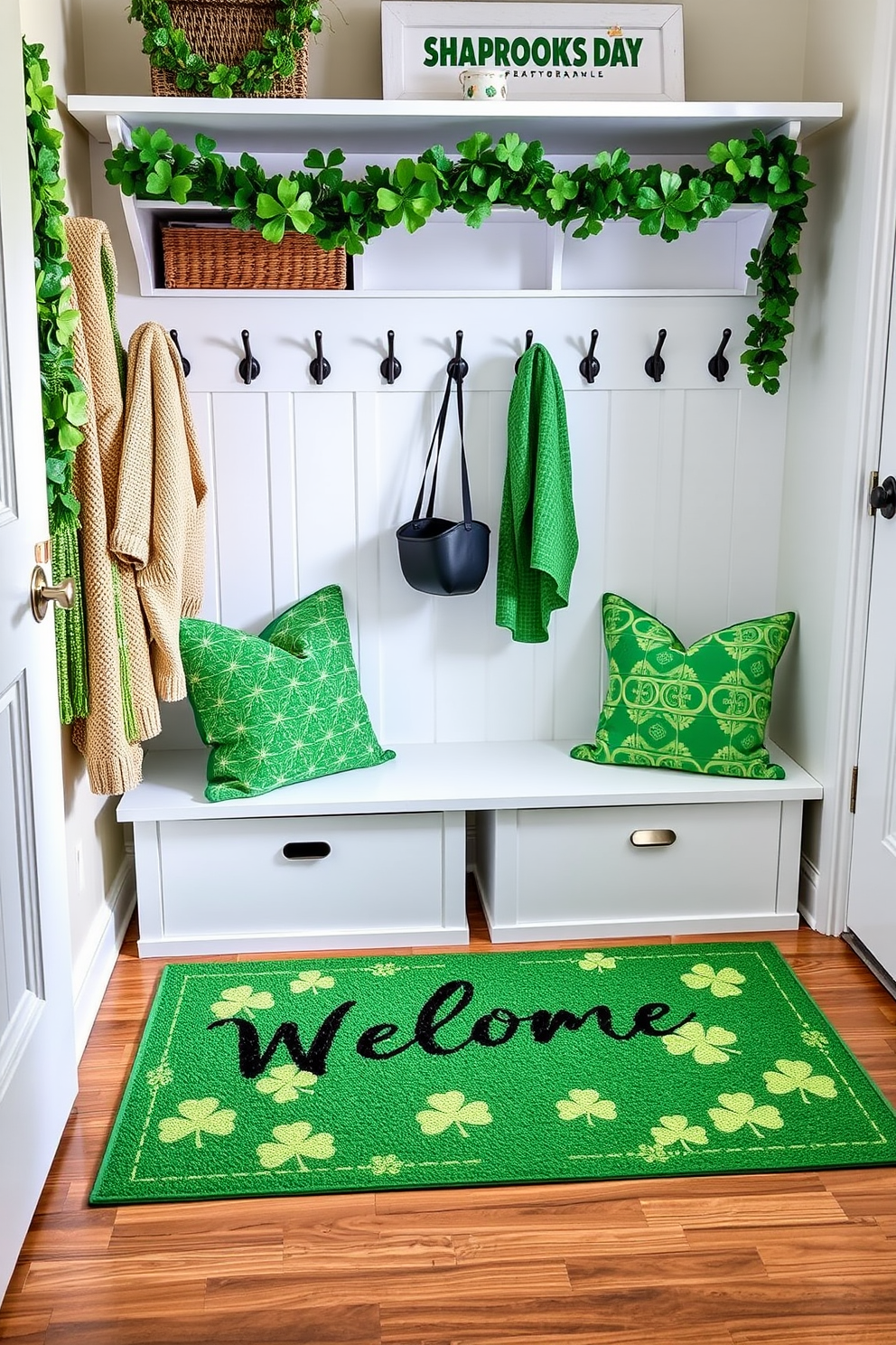 A festive mudroom featuring a St. Patrick's Day themed welcome mat that showcases vibrant green colors and playful shamrock designs. The space is adorned with decorative accents like green and gold throw pillows and a cheerful garland of shamrocks hanging above the coat rack.