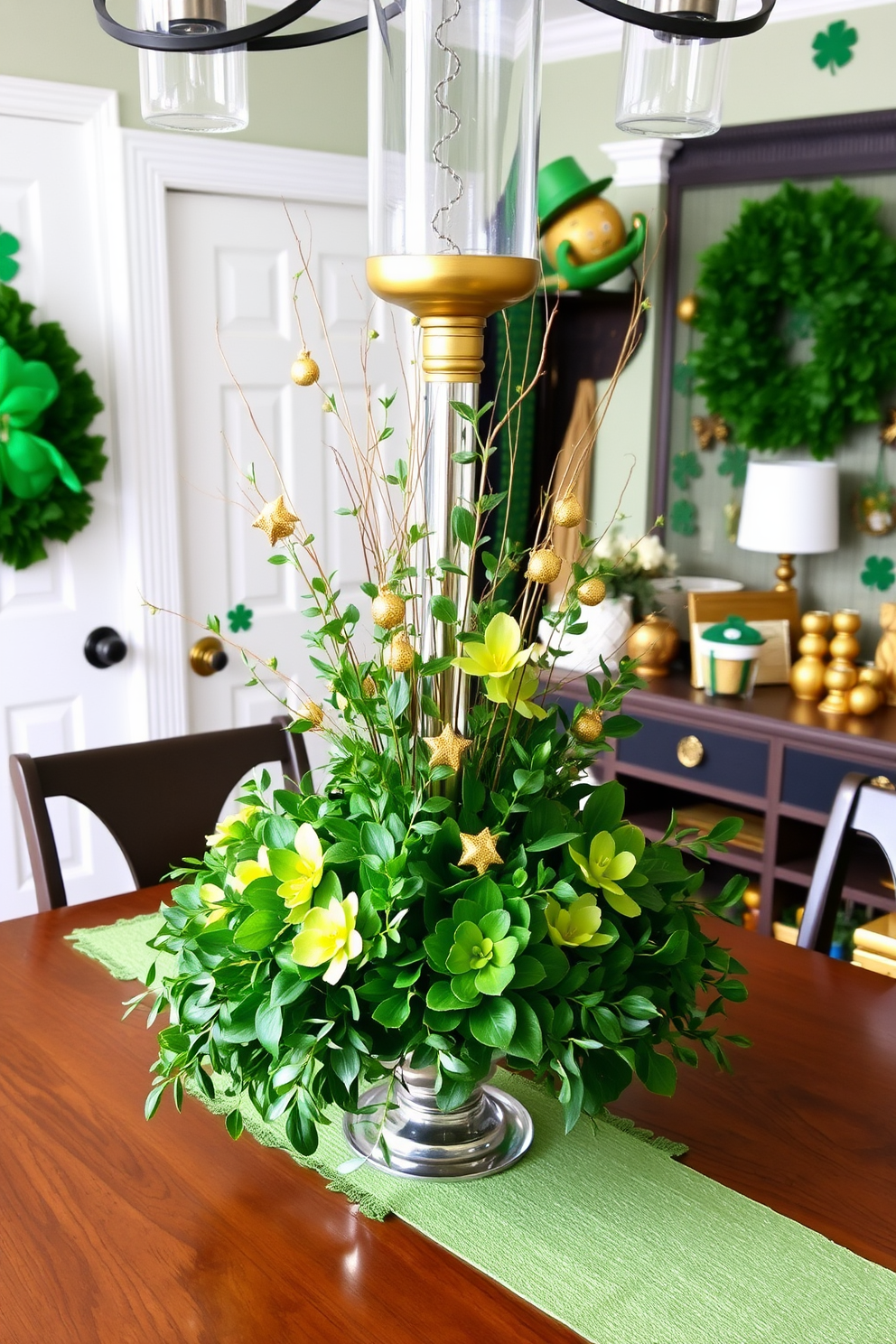 A stunning table centerpiece display features an arrangement of green foliage and golden accents. The centerpiece includes a mix of lush plants and decorative elements that celebrate the spirit of St. Patrick's Day. The mudroom is adorned with festive decorations that incorporate shades of green and gold. This space showcases playful accents such as shamrocks and gold-toned accessories, creating a welcoming atmosphere for the holiday.