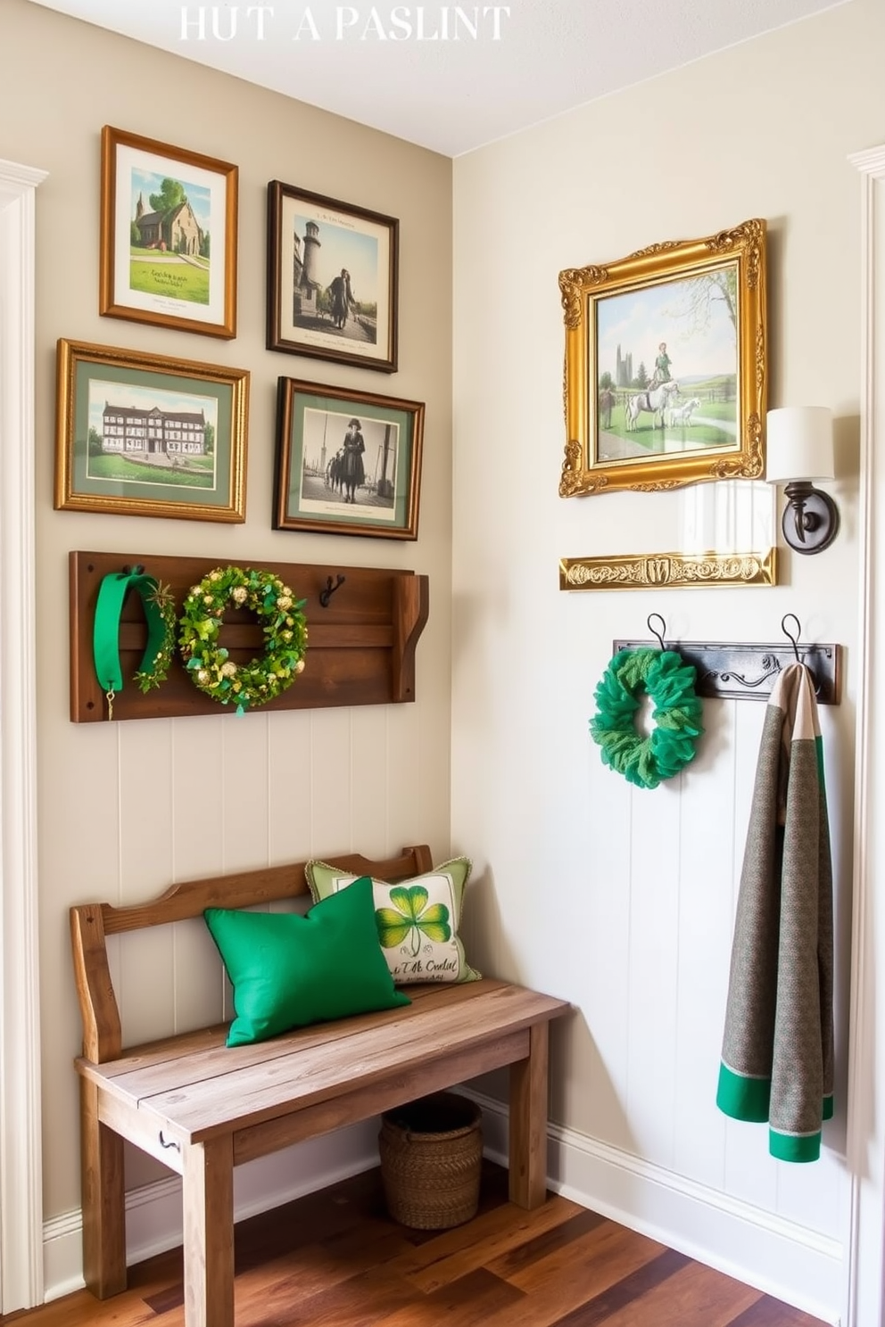 A charming mudroom adorned with vintage Irish postcards in elegant frames. The space features a rustic wooden bench, a coat rack with green accents, and seasonal St. Patrick's Day decorations that add a festive touch.