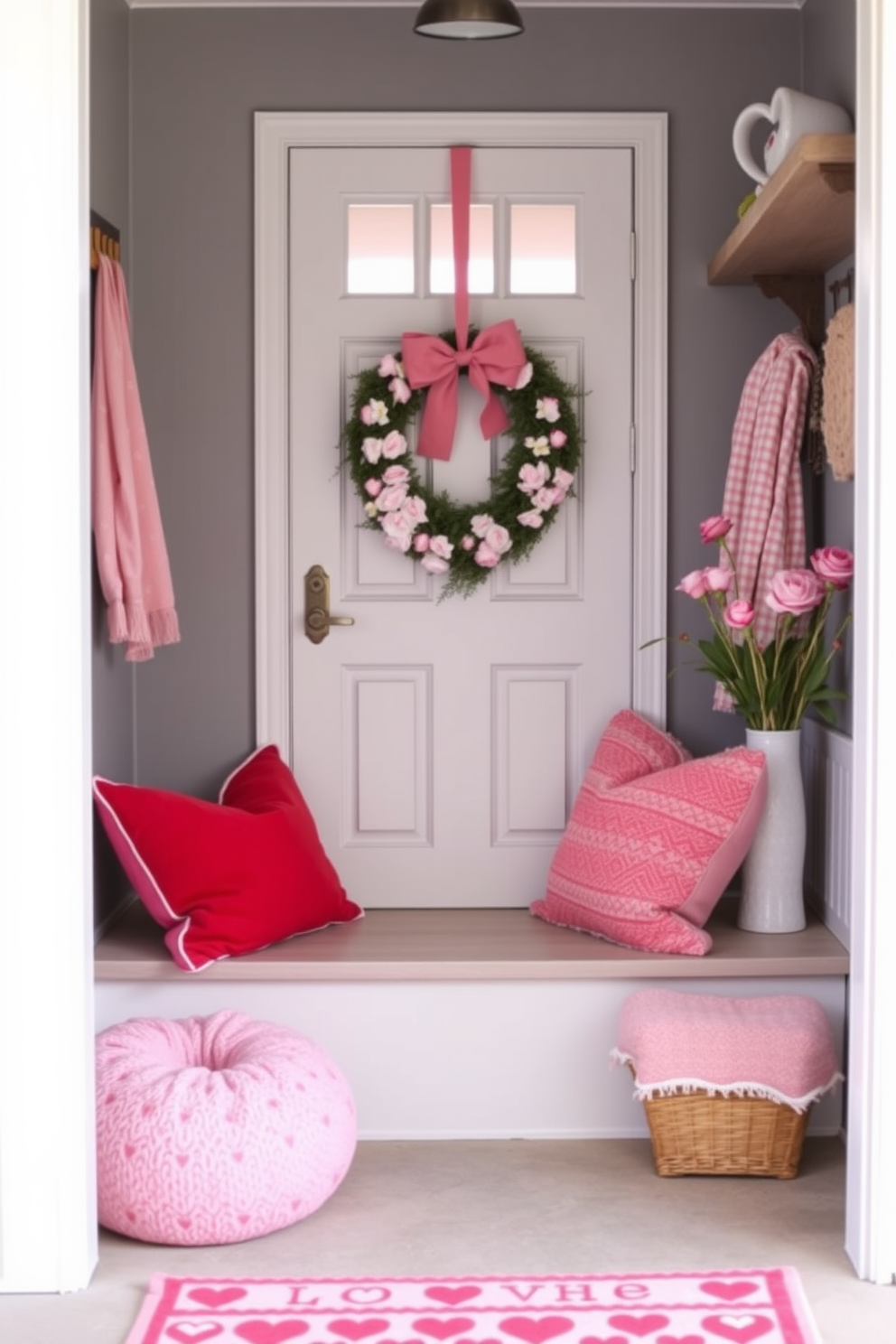 A charming mudroom adorned for Valentine's Day features a heart-shaped wreath hanging on the door, welcoming guests with warmth and love. Inside, the space is decorated with soft pink and red accents, including cozy throw pillows and a festive rug to create a cheerful atmosphere.