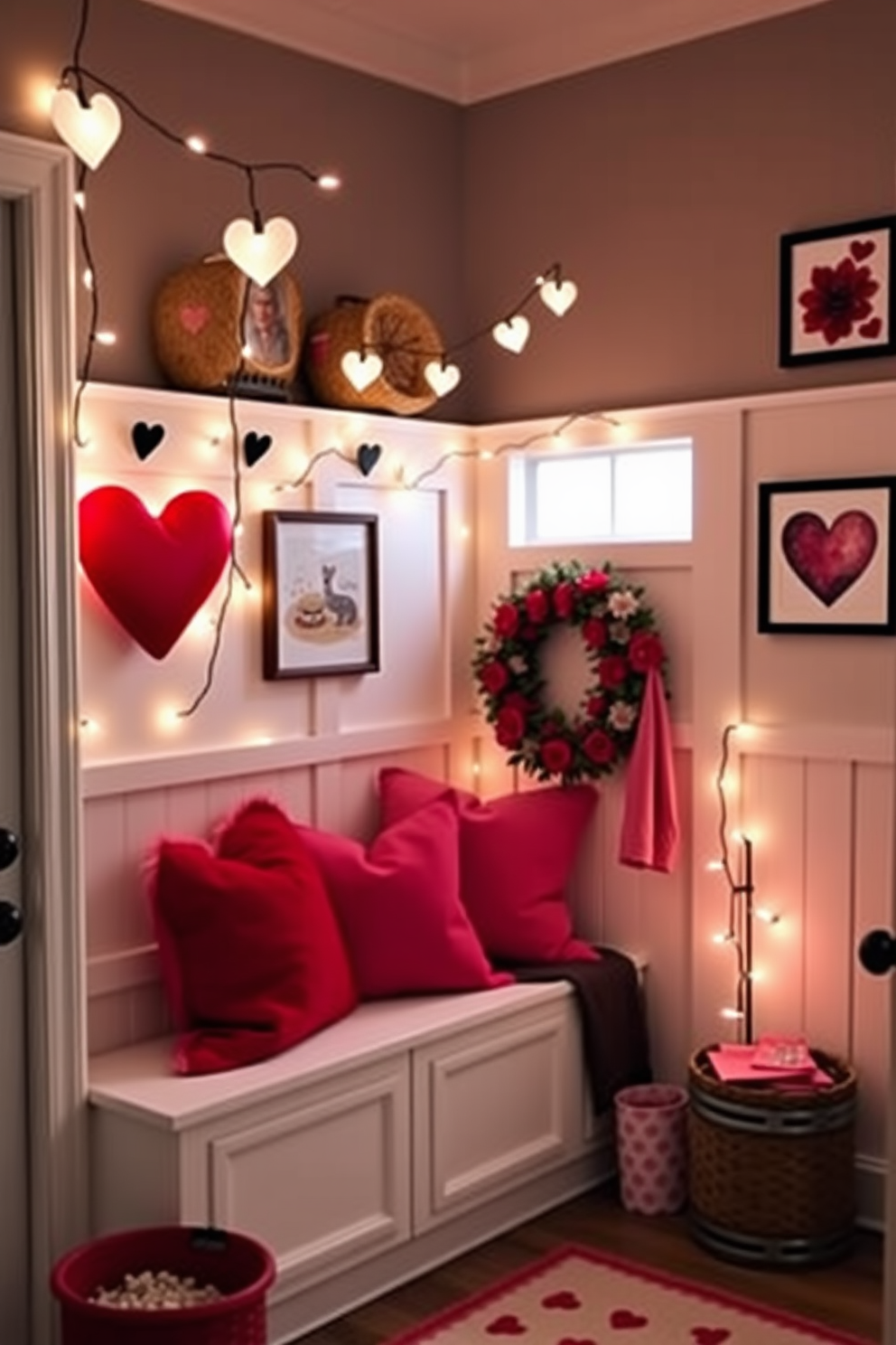 A charming mudroom decorated for Valentine's Day features string lights shaped like hearts, casting a warm glow throughout the space. The walls are adorned with seasonal artwork, and a cozy bench is accented with plush cushions in shades of red and pink.