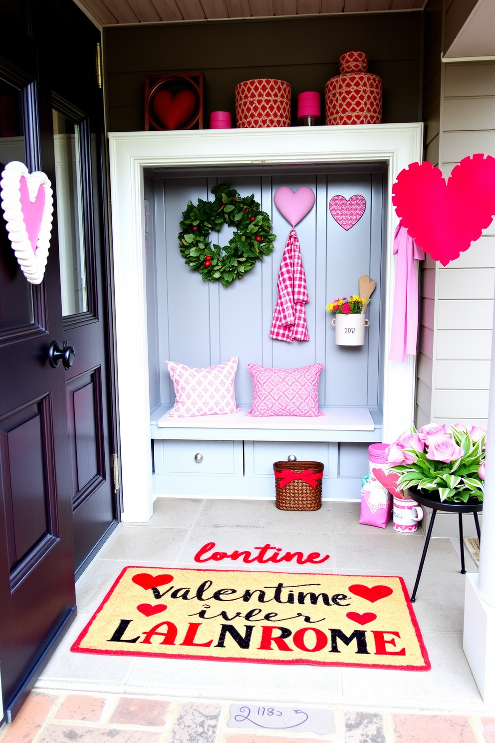 A festive doormat welcomes guests with cheerful Valentine messages in vibrant colors. The mudroom features heart-themed decor, including pink and red accents, creating a warm and inviting atmosphere for the holiday.