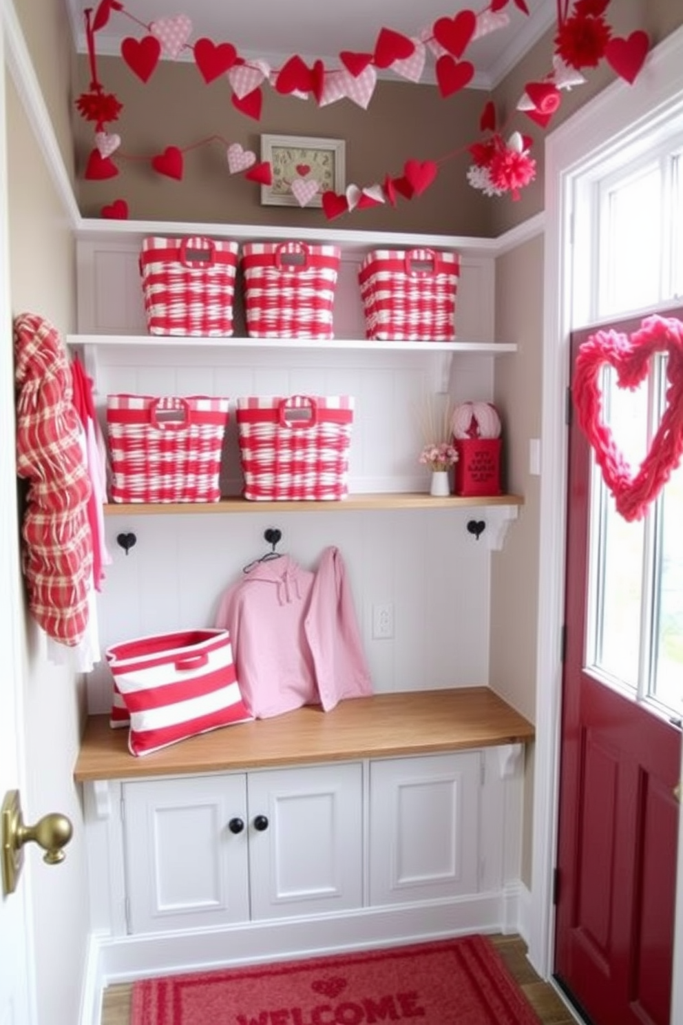 A cozy mudroom adorned with red and white striped baskets for storage. The baskets are neatly arranged on a wooden shelf, adding a festive touch to the space. Valentines Day decorations are tastefully displayed throughout the mudroom. Heart-shaped garlands hang from the ceiling, and a cheerful welcome mat greets visitors at the entrance.