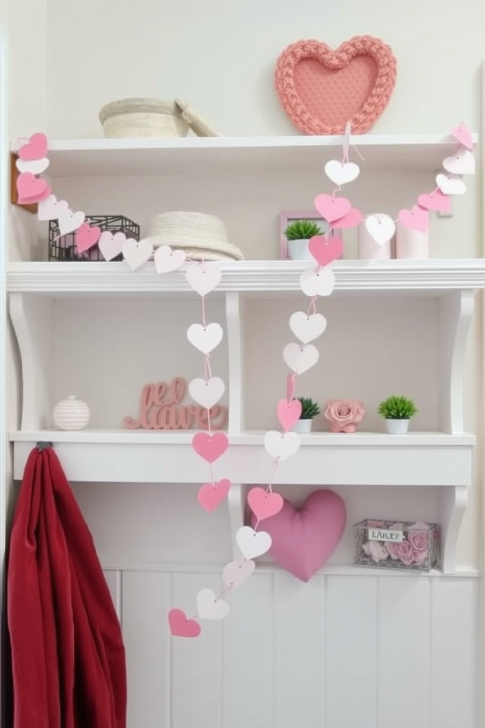 A charming mudroom decorated for Valentine's Day features a decorative heart-shaped garland draped elegantly across the shelves. The garland is made of soft pastel colors, adding a warm and inviting touch to the space, while the shelves are adorned with seasonal accents like small potted plants and heart-themed decor.