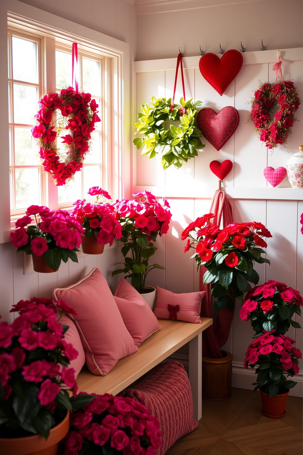 A cozy mudroom adorned with potted plants featuring vibrant pink and red flowers. The space is brightened by natural light streaming through a window, creating a welcoming atmosphere. Valentine's Day decorations are tastefully arranged throughout the room. Heart-shaped wreaths hang on the walls, while a charming bench is adorned with soft pillows in shades of pink and red.