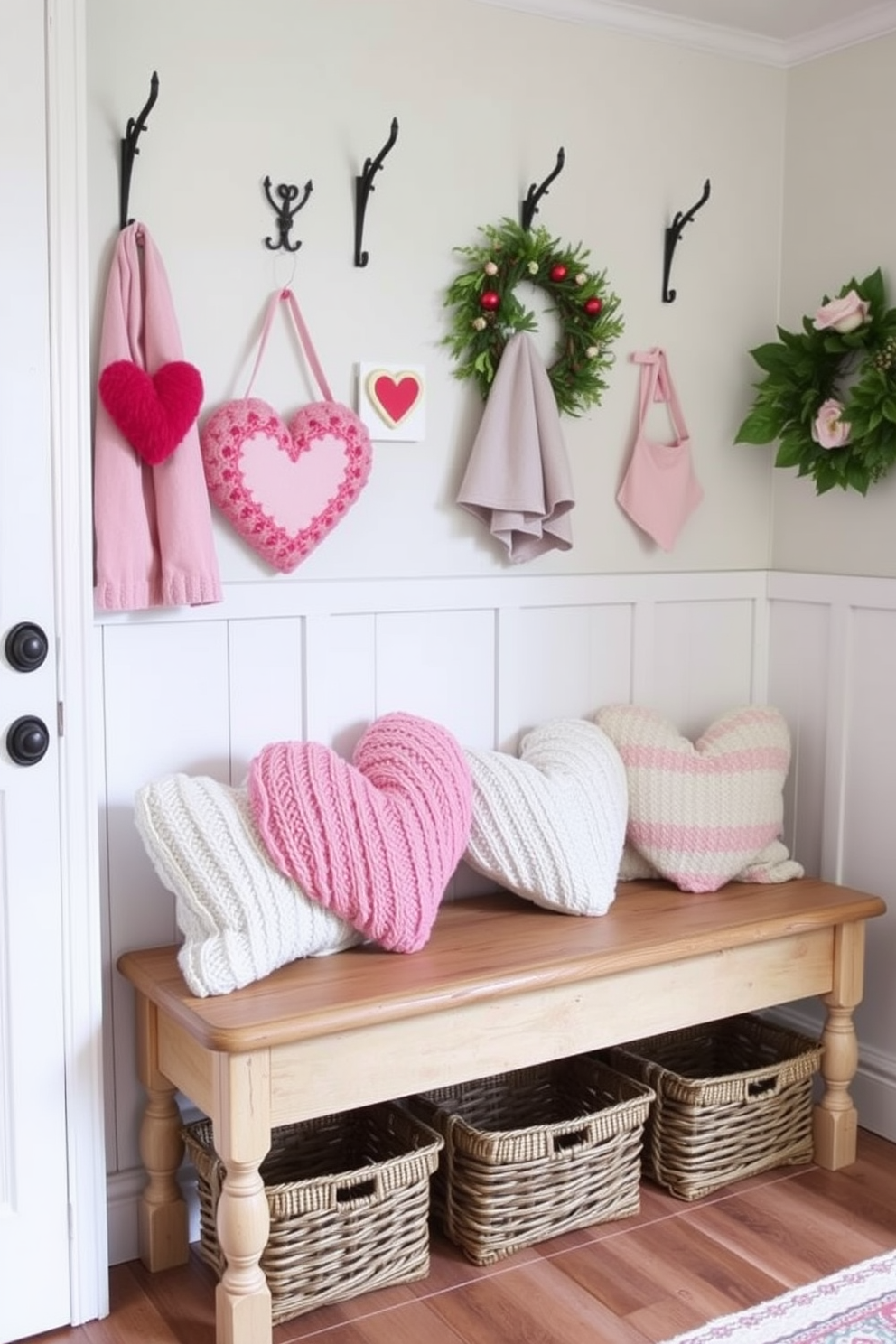 A cozy mudroom is adorned with knit heart-shaped pillows placed on a rustic wooden bench. The space features soft pastel colors and charming Valentine’s Day decorations, creating a warm and inviting atmosphere.