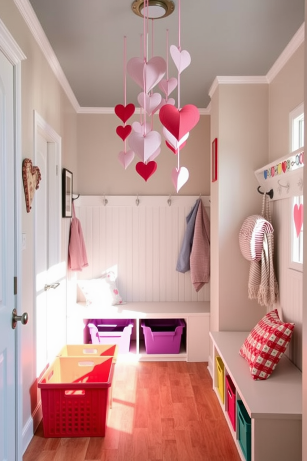 A charming mudroom decorated for Valentine's Day features hanging paper hearts gracefully suspended from the ceiling. The space is enhanced with cozy benches and colorful storage bins, creating a warm and inviting atmosphere.