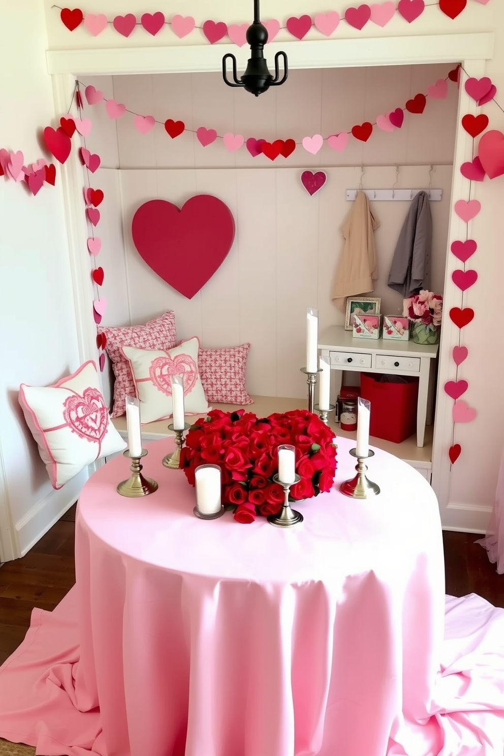 A romantic table centerpiece for Valentine's Day featuring a round table draped in a soft pink tablecloth. At the center, a large heart-shaped arrangement of red roses is surrounded by white candles in elegant holders. A cozy mudroom decorated for Valentine's Day with a welcoming bench and heart-themed cushions. The walls are adorned with garlands of pink and red paper hearts, and a small table displays a collection of love notes in decorative boxes.