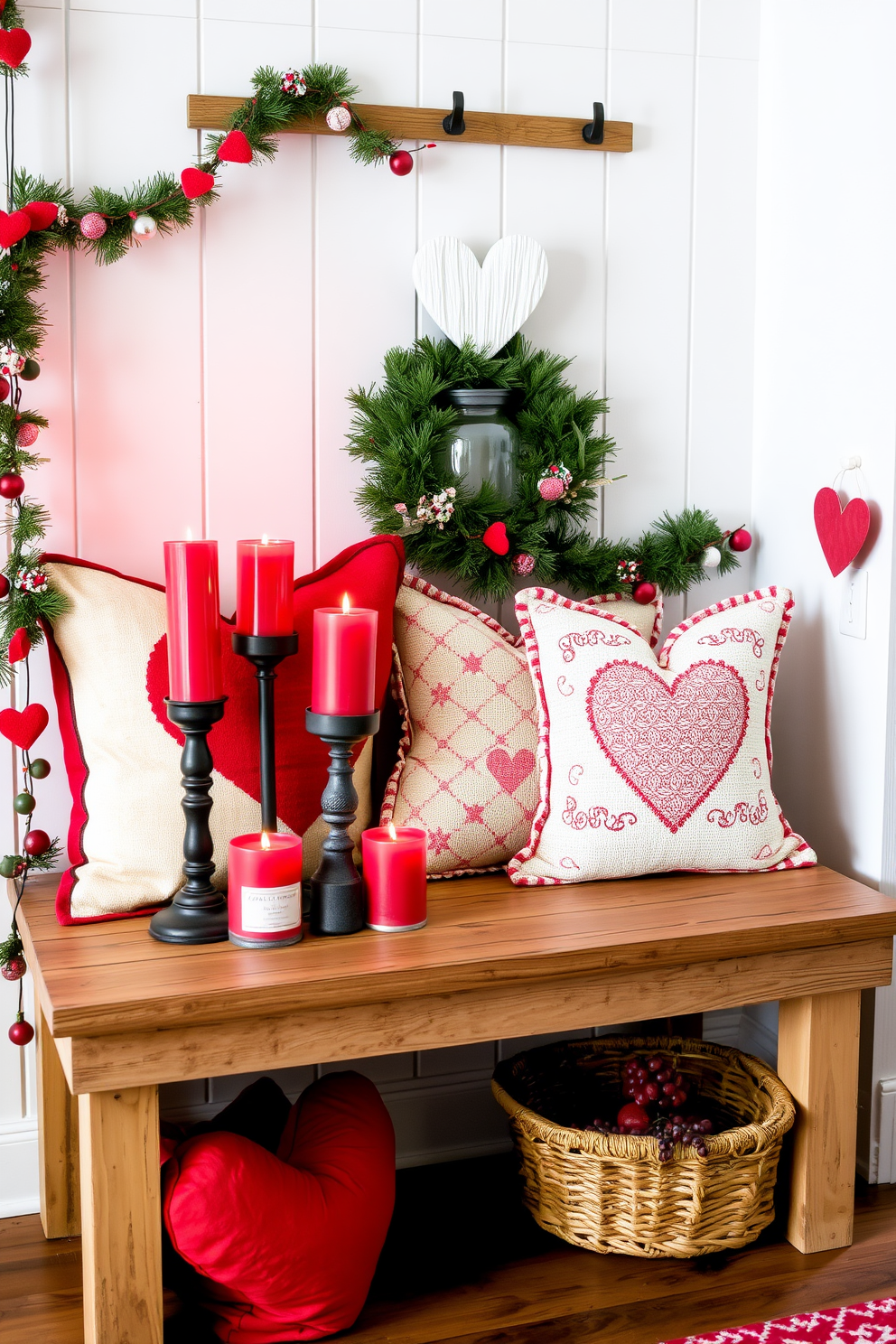 Create a cozy mudroom decorated for Valentine's Day. Seasonal scented candles in red hues are placed on a rustic wooden bench, surrounded by heart-shaped pillows and festive garlands.