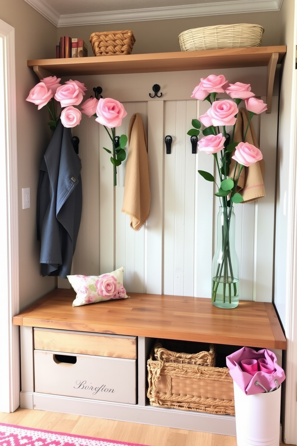 A charming mudroom adorned with felt roses in decorative vases. The space features a rustic bench with storage underneath and hooks for coats, all styled in soft pastel colors for a warm Valentine's Day ambiance.