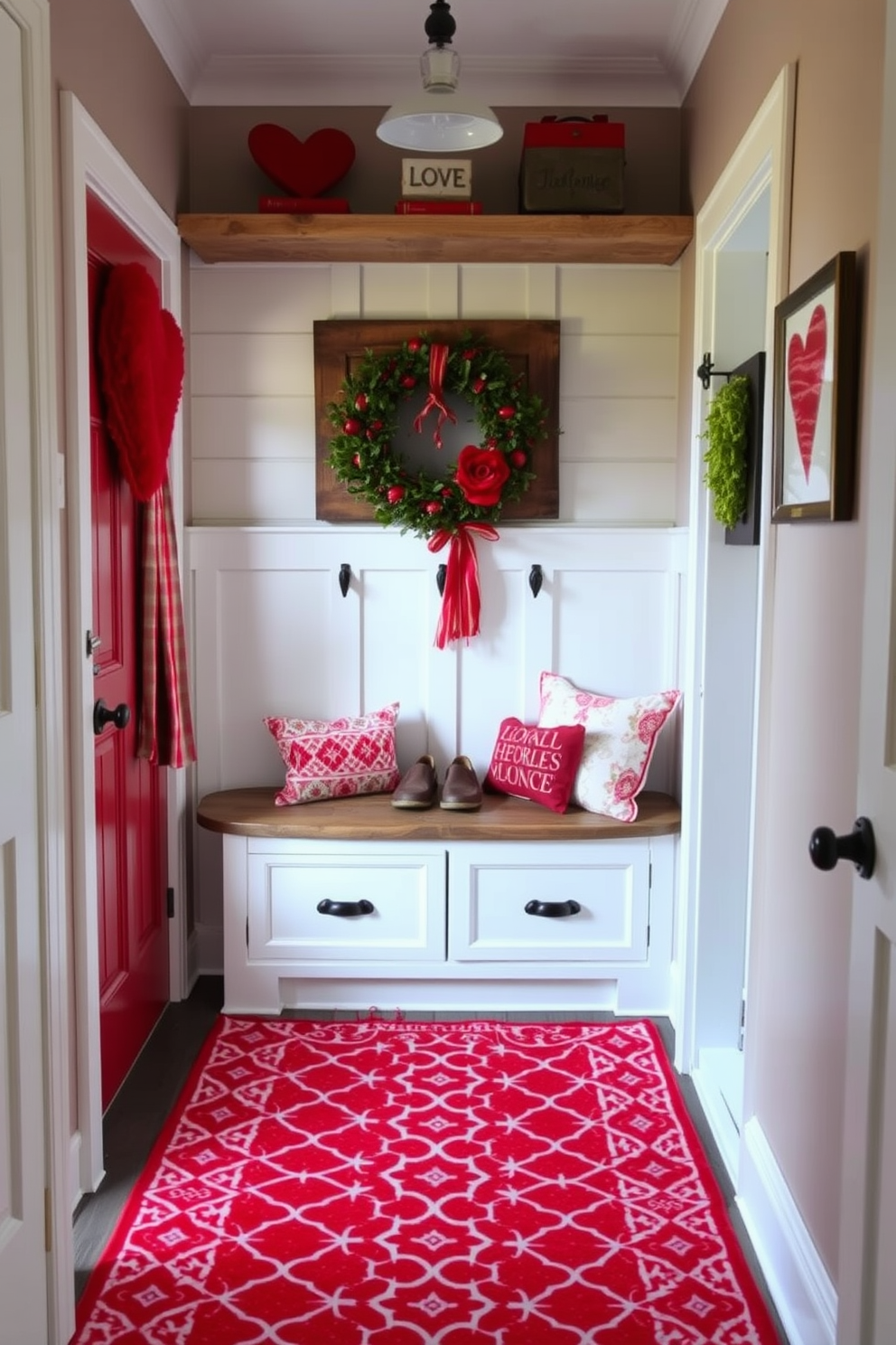 A cozy mudroom adorned for Valentine's Day features a vibrant red and pink patterned area rug that adds warmth and charm. The walls are decorated with heart-themed artwork, and a rustic bench provides a welcoming spot for guests to remove their shoes.