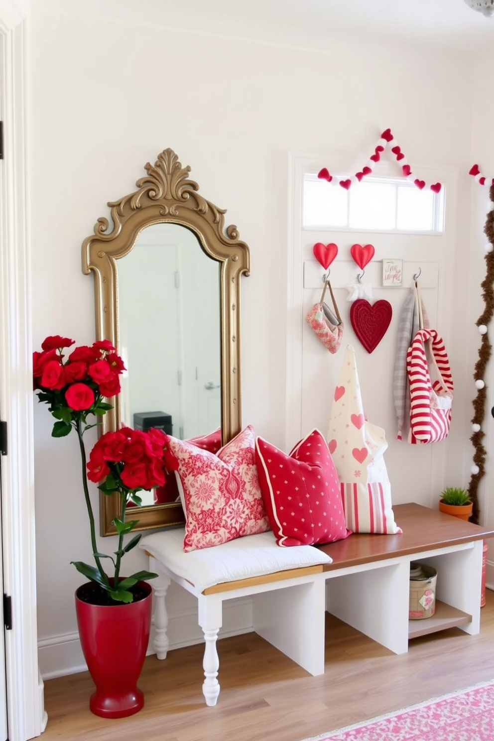 A charming entryway features a large ornate mirror adorned with heart-shaped accents and soft pink hues. Flanking the mirror, two small potted plants with vibrant red flowers add a festive touch. The mudroom is transformed with playful Valentine's Day decorations, including heart-shaped garlands draped across the hooks. A cozy bench is decorated with red and white throw pillows, inviting warmth and cheer to the space.