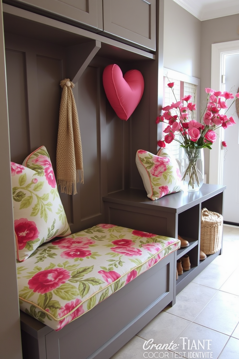 Seasonal fabric for bench cushions. The cushions are adorned with vibrant floral patterns that reflect the colors of spring, creating a cheerful and inviting atmosphere. Mudroom design features a functional layout with built-in storage for shoes and coats. The walls are painted in a soft gray, complemented by a durable tile floor that withstands heavy foot traffic. Valentines Day decorating ideas include romantic touches such as heart-shaped pillows and soft, ambient lighting. Fresh flowers in pink and red hues are arranged in a stylish vase to enhance the festive mood.