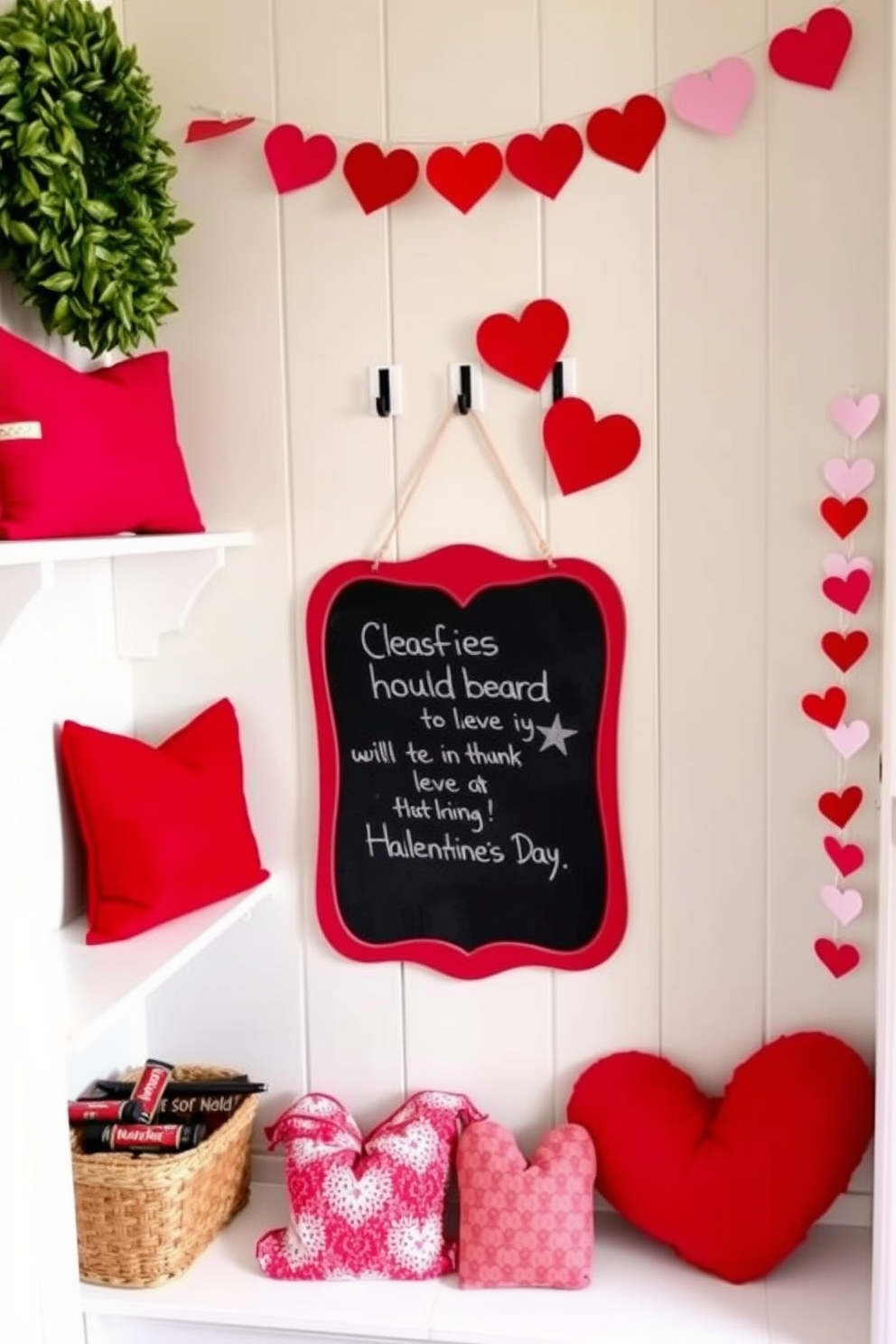 A charming mudroom featuring a heart-shaped chalkboard mounted on the wall for leaving messages. The space is adorned with festive Valentine's Day decorations, including red and pink accents, heart-shaped pillows, and a whimsical garland of paper hearts.