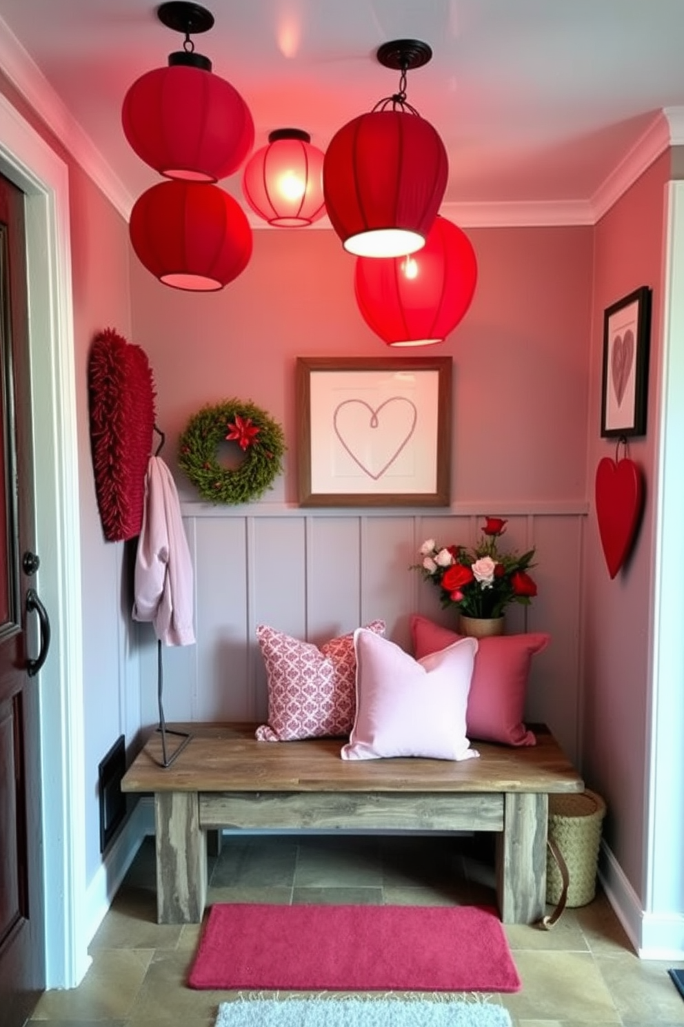 A cozy mudroom decorated for Valentine's Day features red and pink lanterns hanging from the ceiling, casting a warm glow throughout the space. The walls are adorned with heart-themed artwork, and a rustic bench is topped with plush pillows in shades of pink and red.