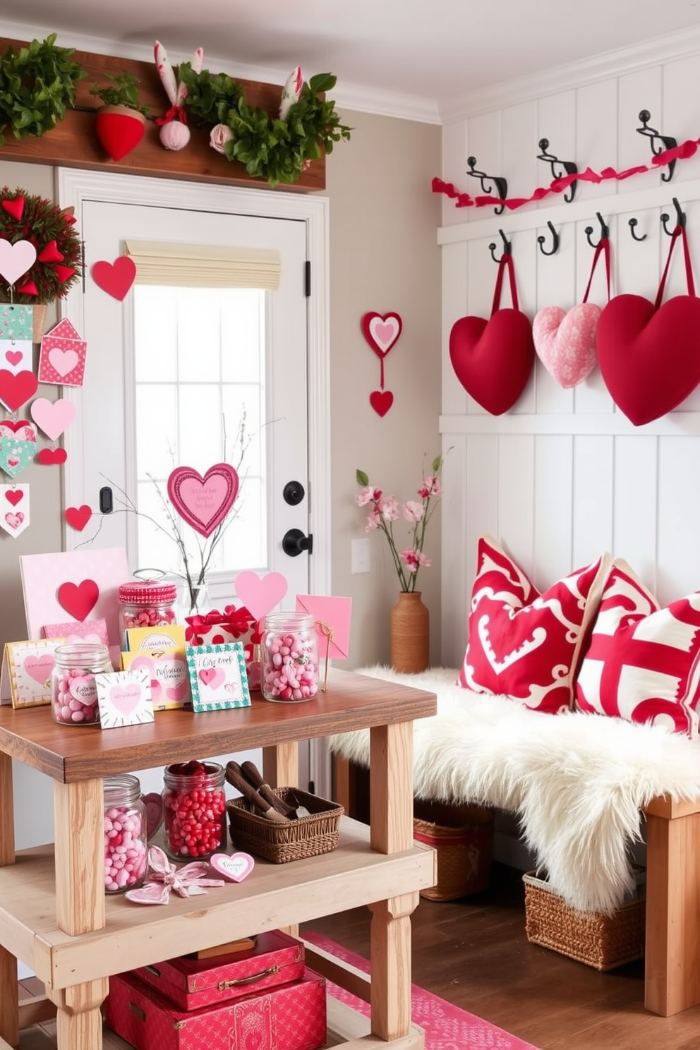 A charming display of Valentine themed DIY crafts is arranged on a rustic wooden table. Colorful handmade cards, heart-shaped decorations, and jars filled with red and pink candies create a festive atmosphere. The mudroom is adorned with delightful Valentine's Day decorating ideas that inspire warmth and love. Heart garlands hang from hooks, and a cozy bench is lined with plush pillows in shades of red and white.