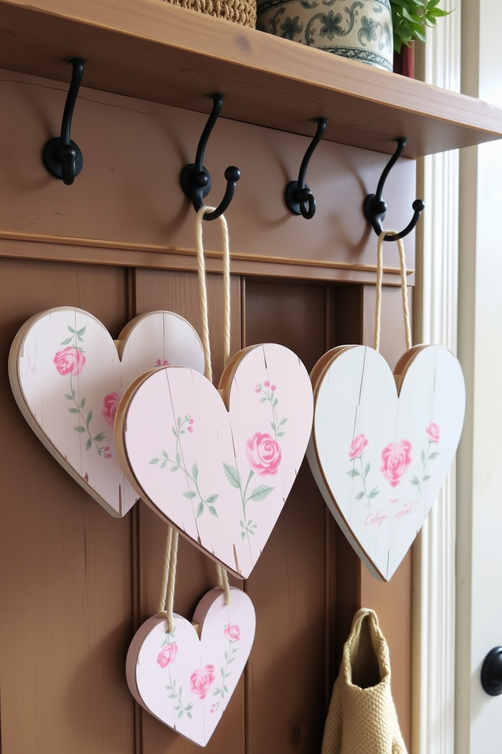 Heart-shaped door hangers made of rustic wood hang from hooks in a cozy mudroom. The hangers are painted in soft pastel colors, adorned with delicate floral patterns that evoke a warm Valentine's Day spirit.