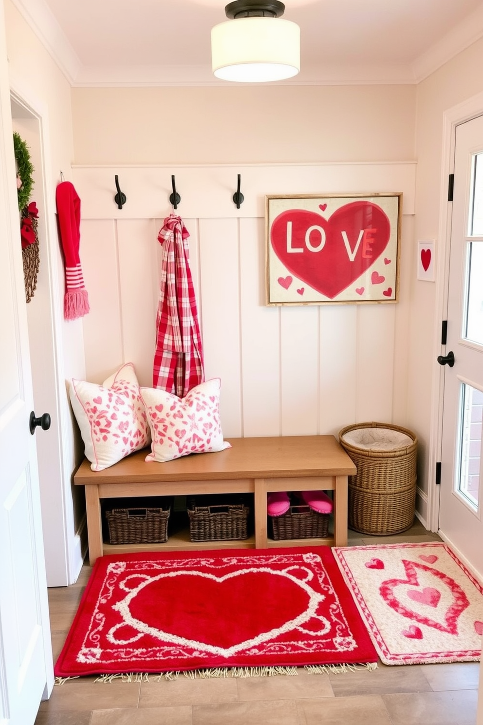 A mudroom decorated for Valentine's Day features layered rugs in festive colors such as red, pink, and white. The space includes a bench with heart-shaped cushions and a wall adorned with charming love-themed artwork.