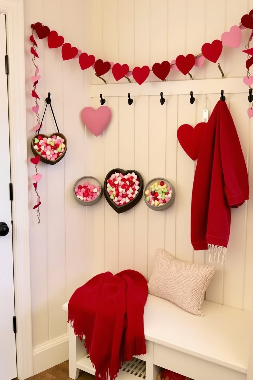 A charming mudroom adorned for Valentine's Day features decorative bowls filled with colorful candy hearts. The space is enhanced with heart-themed garlands hanging from the hooks and a cozy bench draped with a soft red throw blanket.