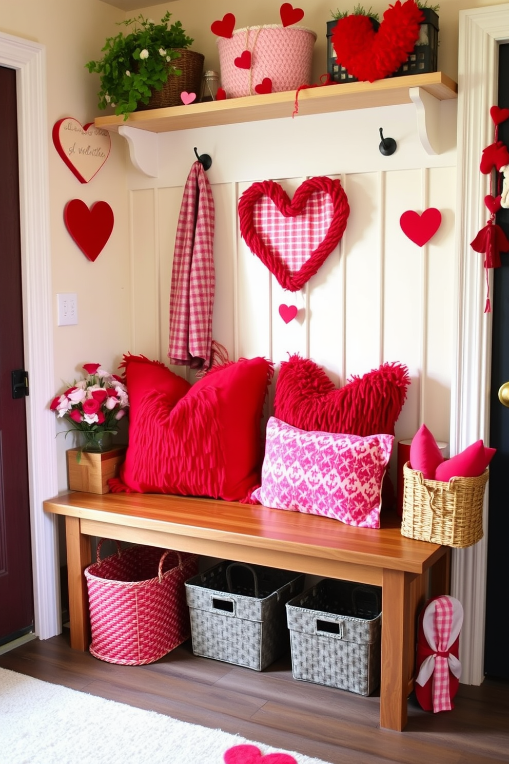 A cozy mudroom decorated for Valentine's Day features a sturdy wooden bench adorned with vibrant red and pink throw pillows. The walls are painted a soft cream color, and heart-themed decorations are scattered throughout the space, creating a warm and inviting atmosphere.