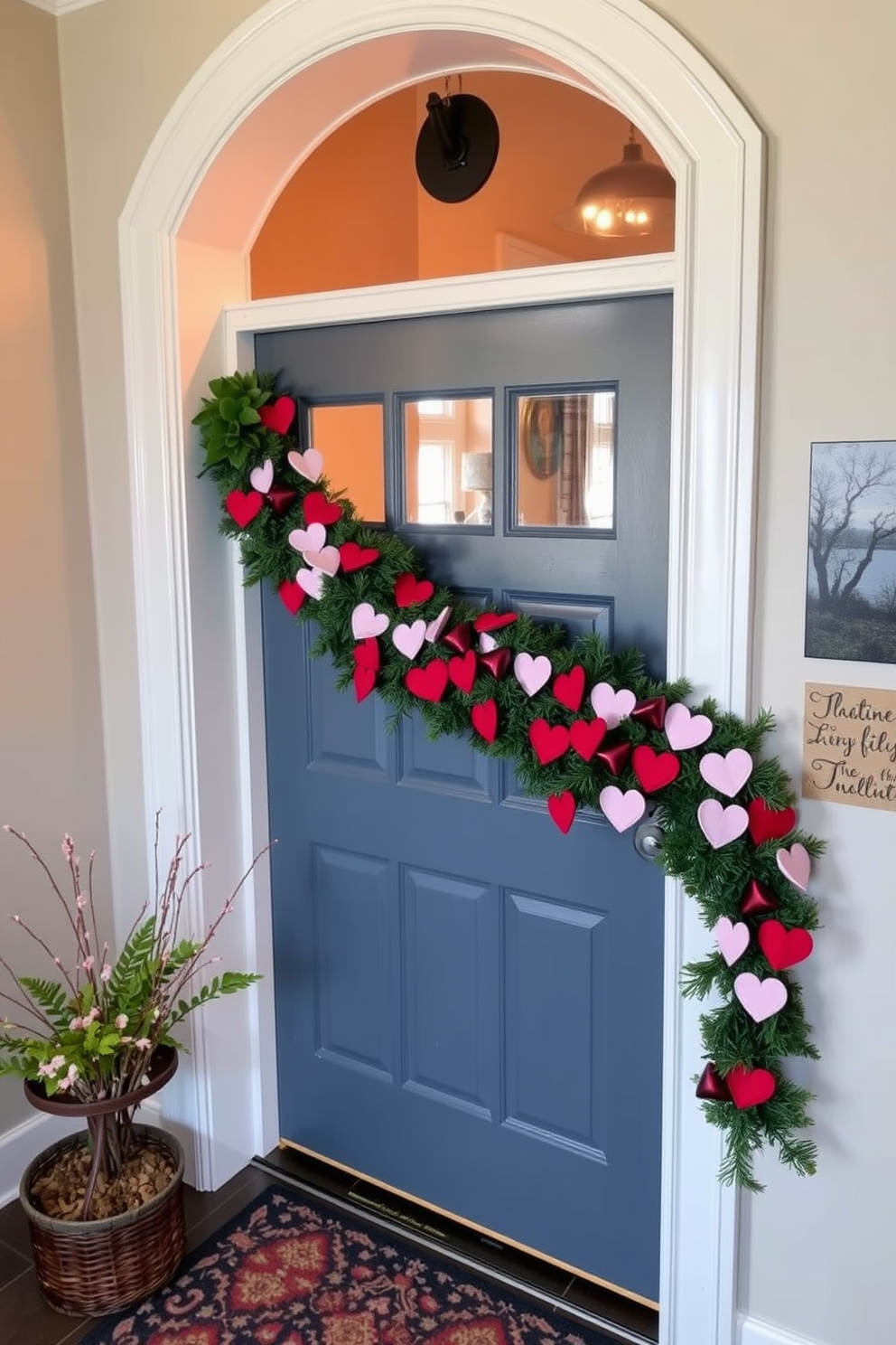 A charming mudroom decorated for Valentine's Day features a beautiful seasonal garland wrapped around the door frame. The garland is adorned with red and pink hearts, creating a warm and inviting entrance that celebrates the holiday.