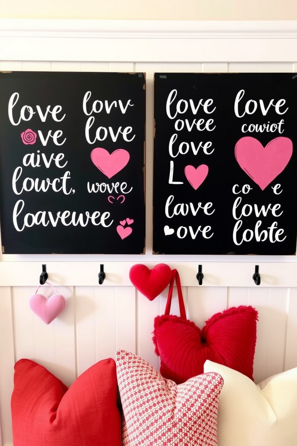 Cute love quotes on chalkboard signs. The signs feature playful fonts and heart motifs, adding a charming touch to any space. Mudroom Valentines Day Decorating Ideas. Incorporate red and pink accents with heart-shaped hooks and cozy throw pillows for a warm, inviting atmosphere.