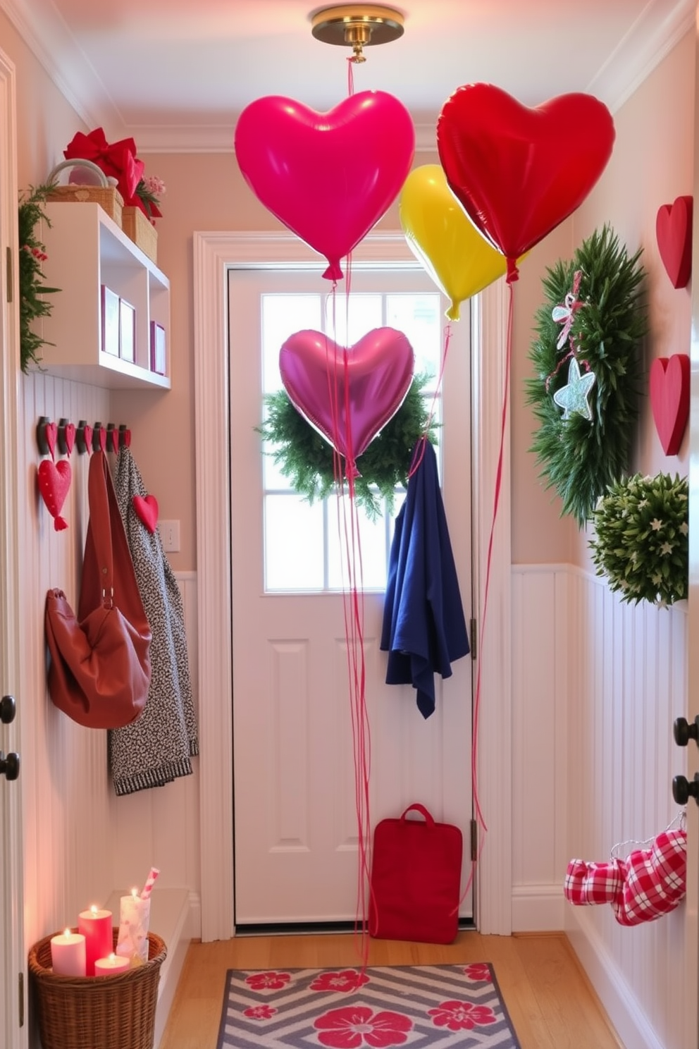 Colorful heart balloons float in the corner of a charming mudroom. The space is adorned with festive Valentine’s Day decorations, creating a warm and inviting atmosphere.