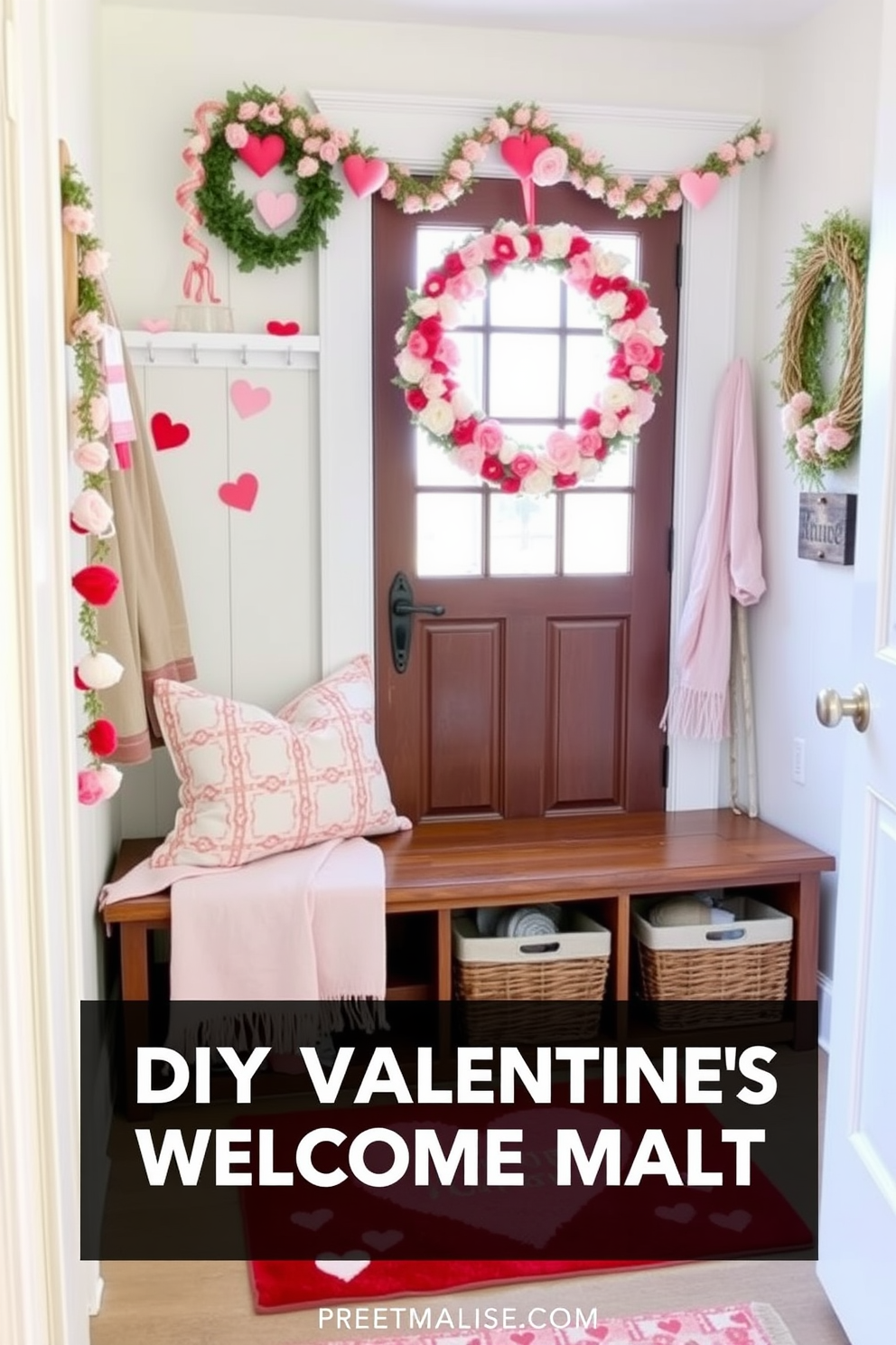 A charming DIY Valentine themed welcome mat greets visitors with a playful heart design in shades of pink and red. The mat is placed in a cozy mudroom adorned with festive decorations, including heart-shaped garlands and soft, pastel-colored accents. The mudroom features a rustic bench for seating, complemented by woven baskets for storage. A cheerful wreath made of faux flowers and hearts hangs on the door, creating a warm and inviting atmosphere for Valentine's Day.