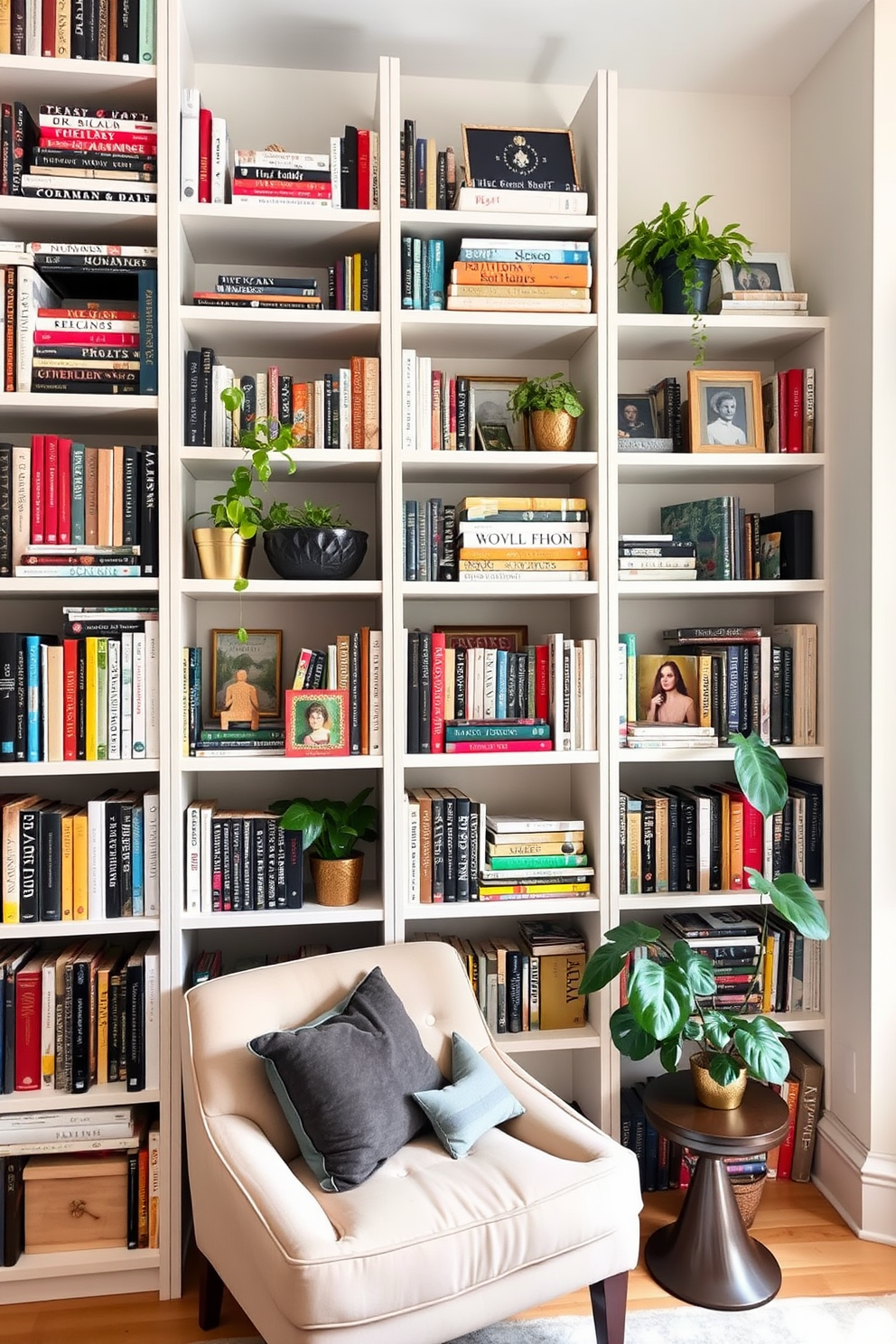 Maximize vertical space with tall shelves in a stylish NYC apartment. The shelves are filled with a mix of books, decorative boxes, and plants, creating an organized yet vibrant display. The walls are painted in a light neutral tone to enhance the sense of openness. A cozy reading nook is positioned beneath the shelves, featuring a plush armchair and a small side table for drinks.