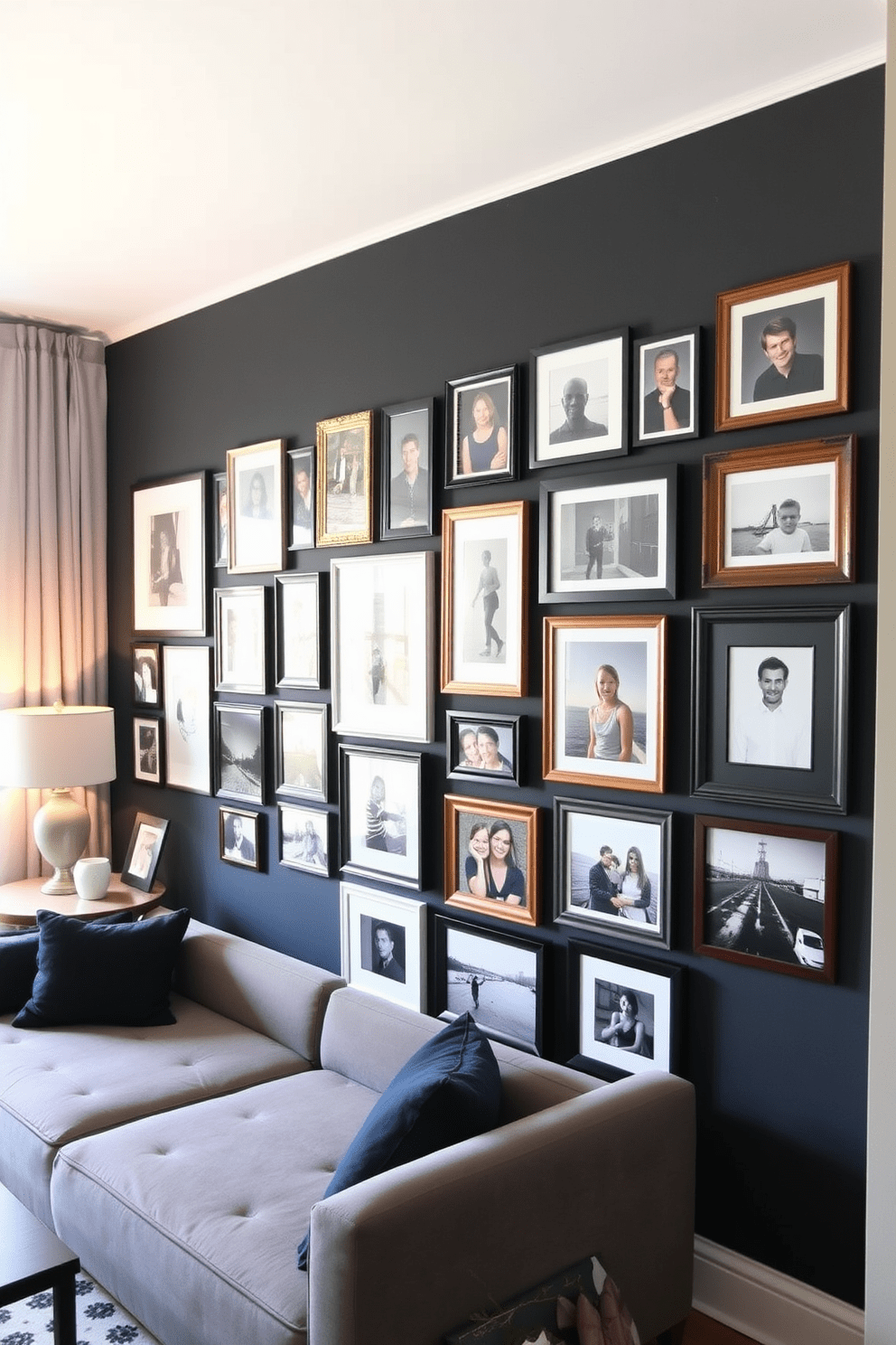 Design a gallery wall showcasing a curated collection of personal photos in a stylish NYC apartment. The wall features an eclectic mix of frame styles and sizes, arranged in a visually balanced layout that reflects your personality and memories.