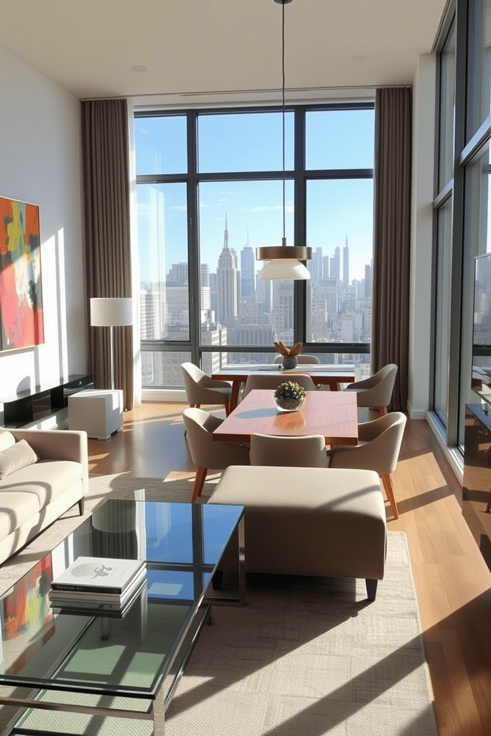 A chic NYC apartment living room features a sleek sectional sofa in a neutral tone, paired with a glass coffee table that reflects the city's skyline. Floor-to-ceiling windows allow natural light to flood the space, while a vibrant abstract painting adds a pop of color to the walls. In the dining area, a modern wooden table is surrounded by upholstered chairs, creating an inviting atmosphere for gatherings. Pendant lighting hangs gracefully above the table, casting a warm glow that enhances the sophisticated ambiance of the apartment.